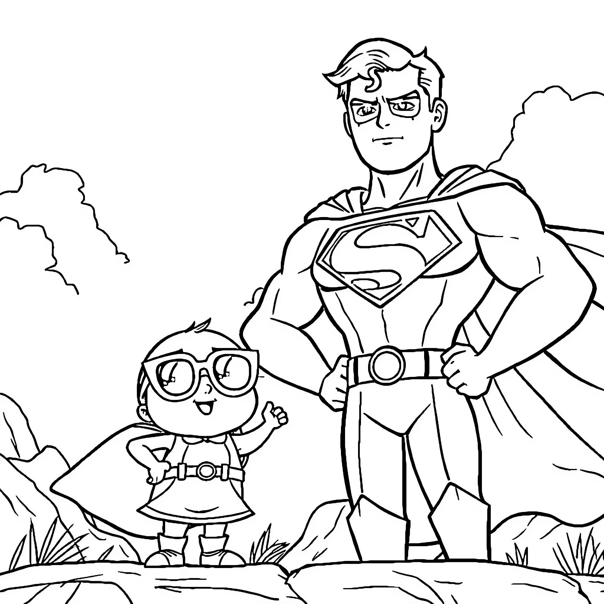 Minie and the Superhero in the Countryside Coloring Page (free black-and-white line drawing printable PDF for all, from beginners to advanced learners, including children, teens, adults, and seniors)
