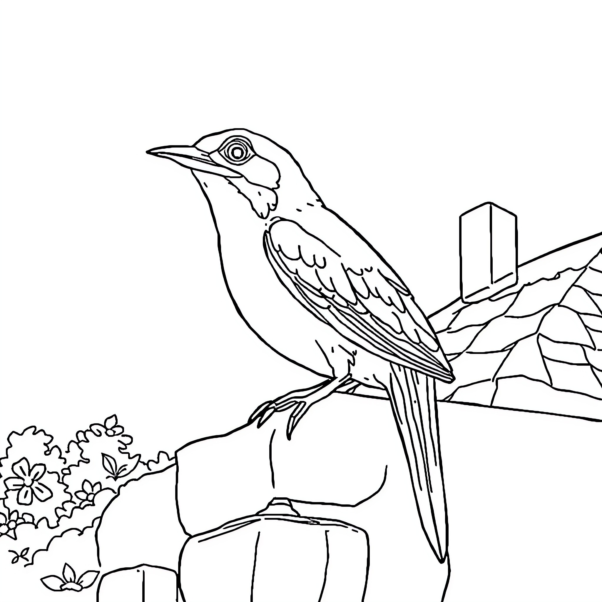 Parrot perched on a branch with flowers Coloring Page (free black-and-white line drawing printable PDF for all, from beginners to advanced learners, including children, teens, adults, and seniors)