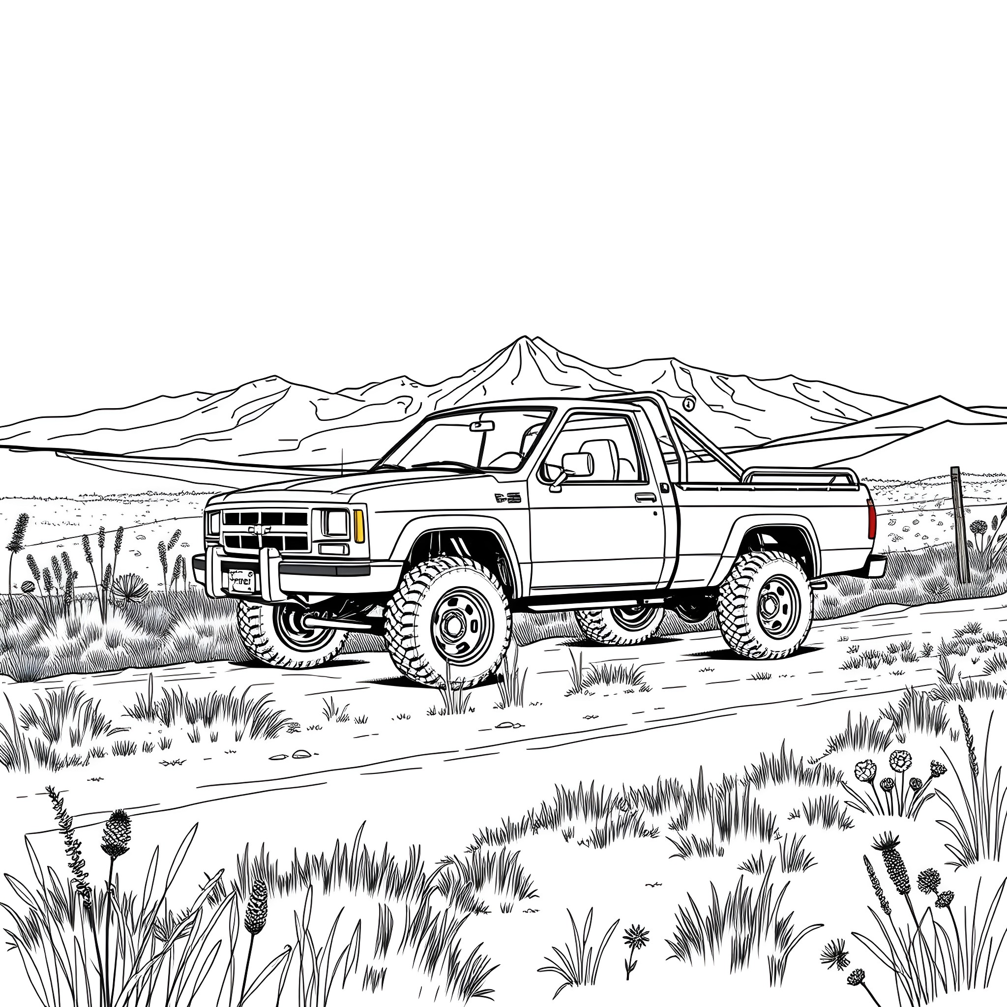 Pick Up Truck Navigating Rugged Terrain Coloring Page (free black-and-white line drawing printable PDF for all, from beginners to advanced learners, including children, teens, adults, and seniors)