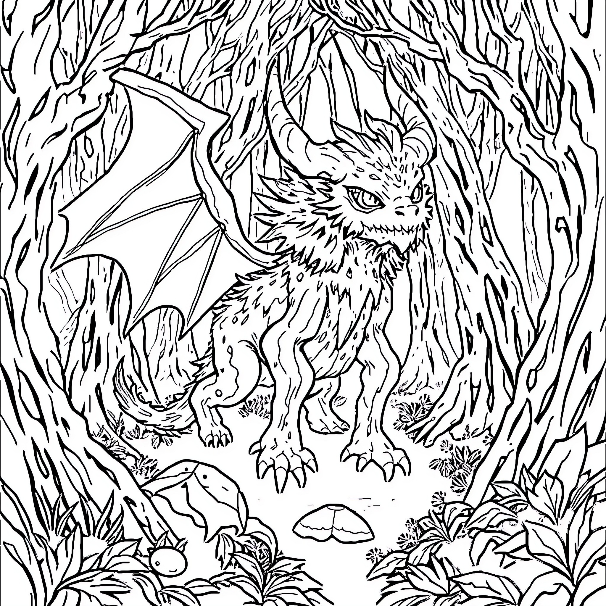 Tuveth mythical creature in the wild forest Coloring Page (free black-and-white line drawing printable PDF for all, from beginners to advanced learners, including children, teens, adults, and seniors)