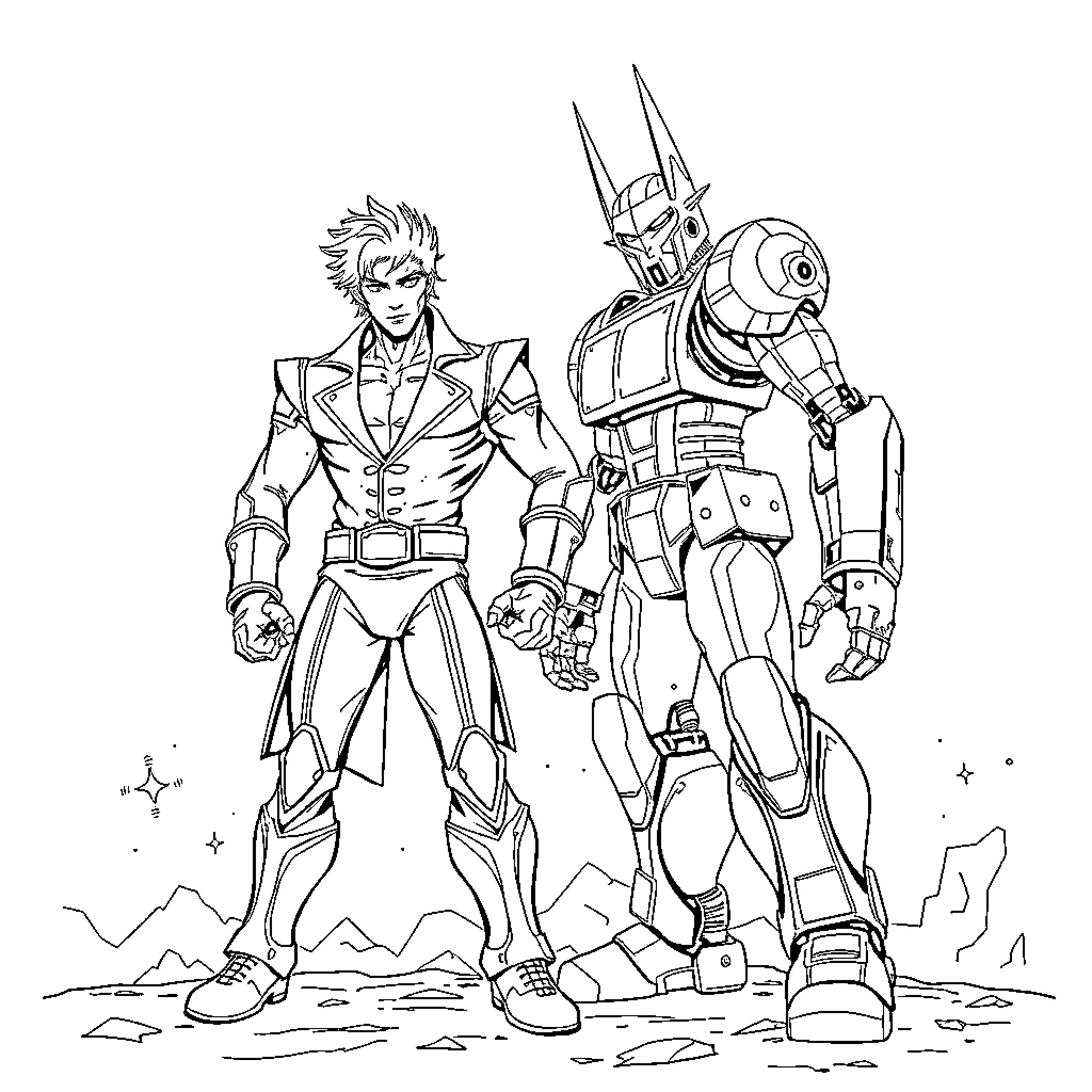 Jodio Joestar in heroic pose with giant robot companion Coloring Page (free black-and-white line drawing printable PDF for all, from beginners to advanced learners, including children, teens, adults, and seniors)