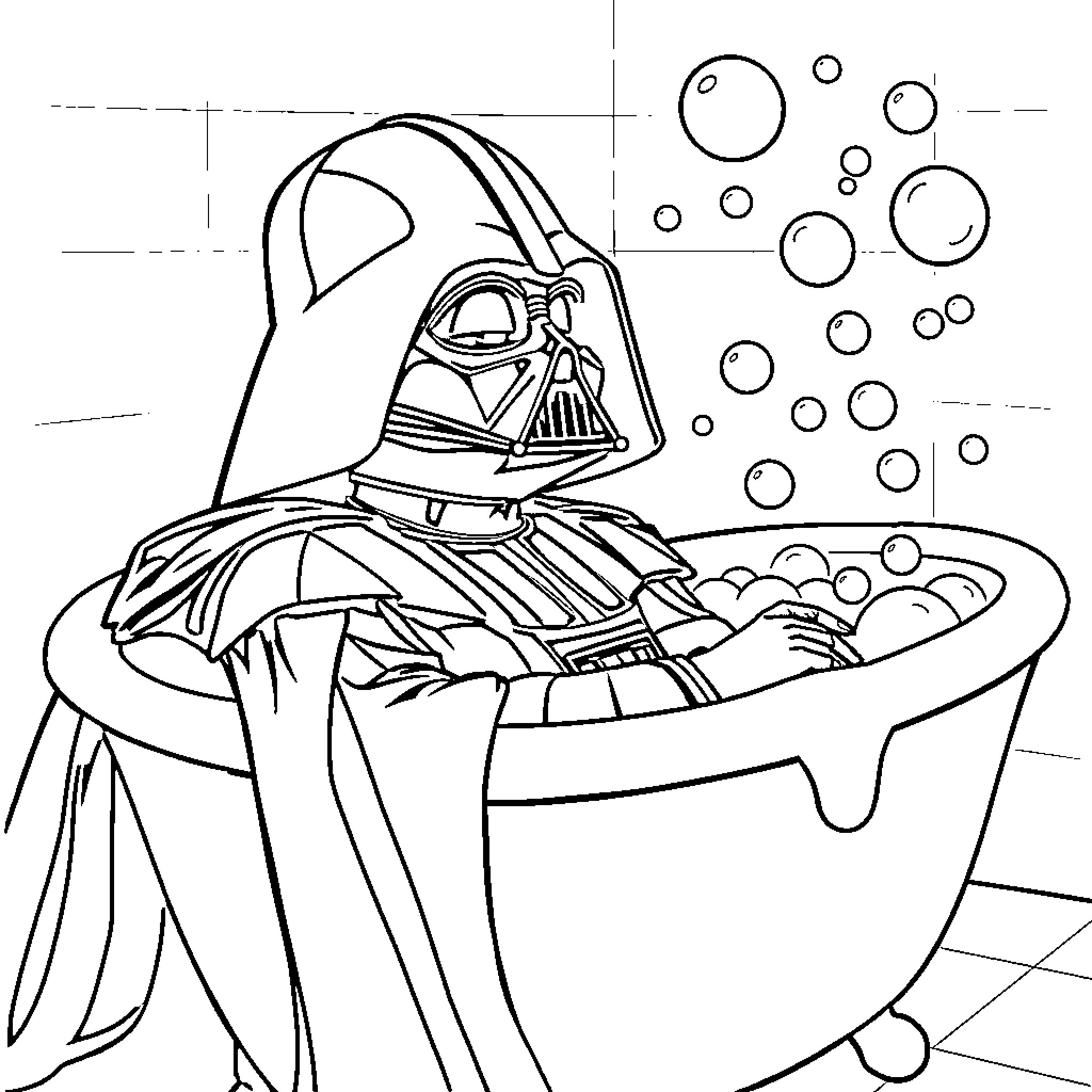 Darth Vader taking a relaxing bubble bath Coloring Page (free black-and-white line drawing printable PDF for all, from beginners to advanced learners, including children, teens, adults, and seniors)