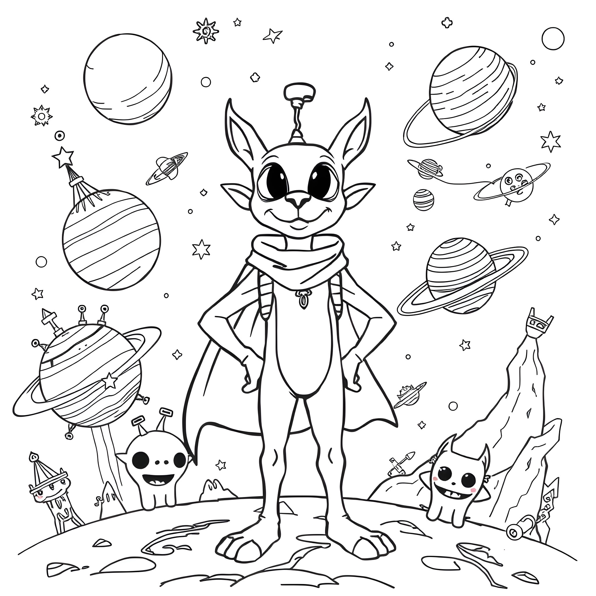 Dandy Cosmic Creature Exploring the Galaxy Coloring Page (free black-and-white line drawing printable PDF for all, from beginners to advanced learners, including children, teens, adults, and seniors)