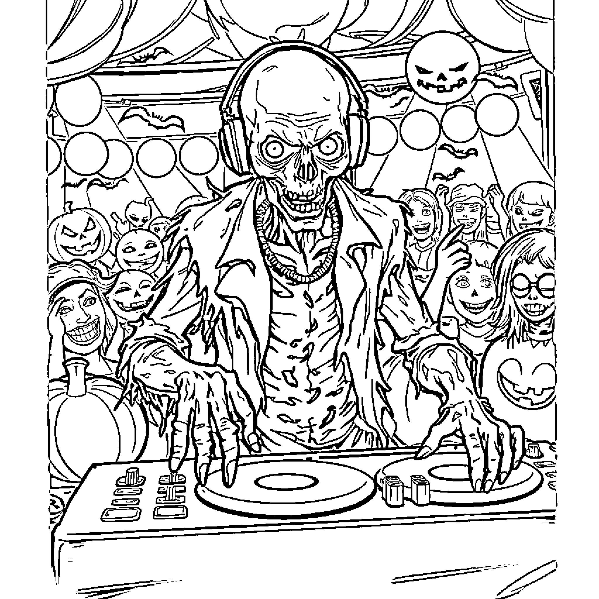 Zombie DJ entertaining a Halloween party Coloring Page (free black-and-white line drawing printable PDF for all, from beginners to advanced learners, including children, teens, adults, and seniors)