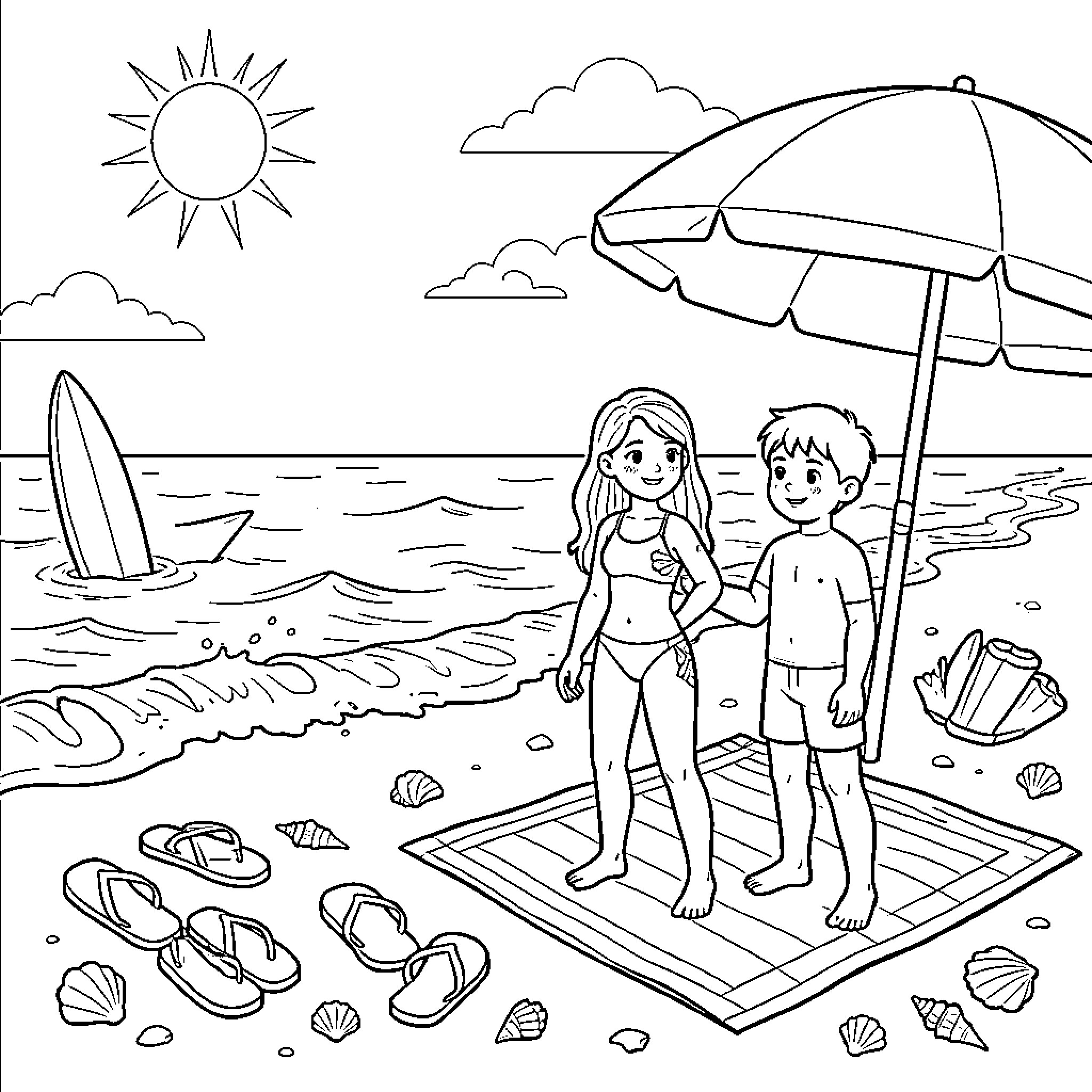 Beach scene with children enjoying a sunny day Coloring Page (free black-and-white line drawing printable PDF for all, from beginners to advanced learners, including children, teens, adults, and seniors)