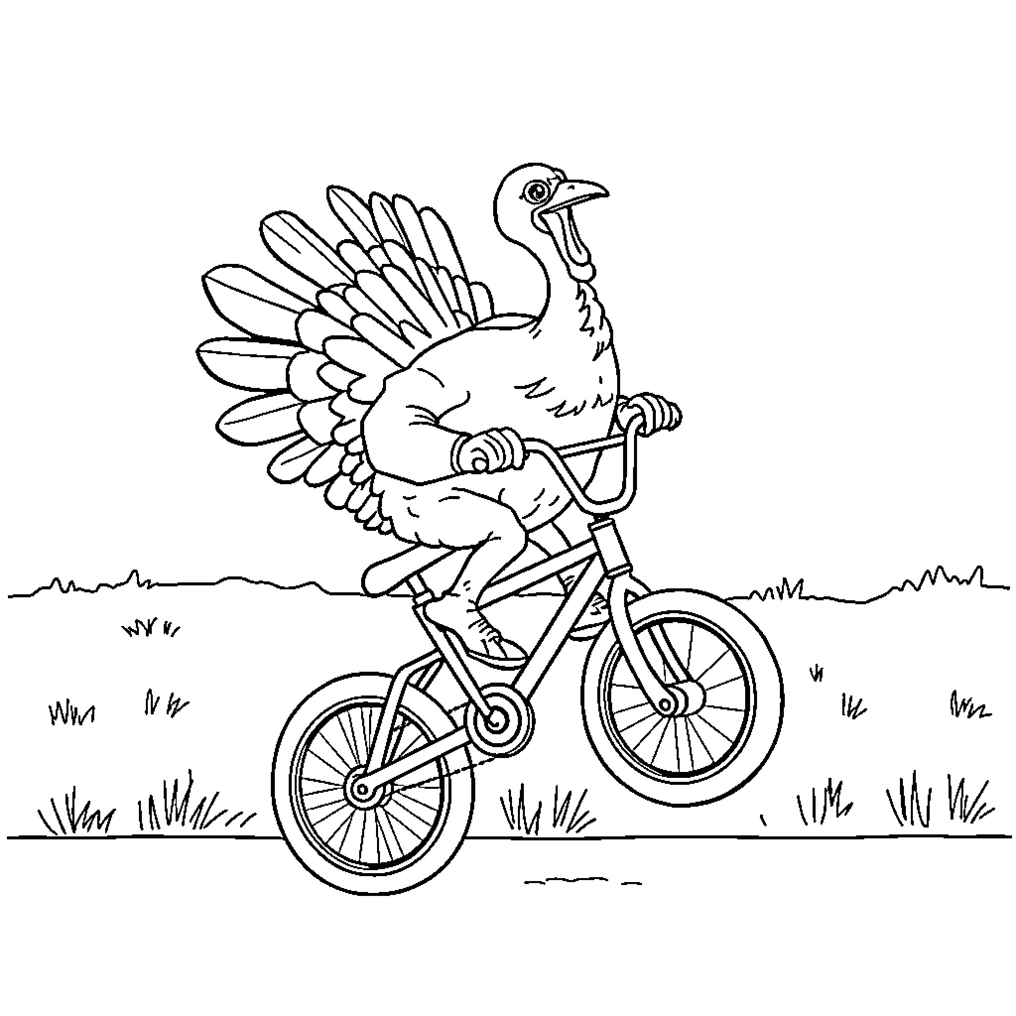 Turkey riding a bicycle in the field Coloring Page (free black-and-white line drawing printable PDF for all, from beginners to advanced learners, including children, teens, adults, and seniors)