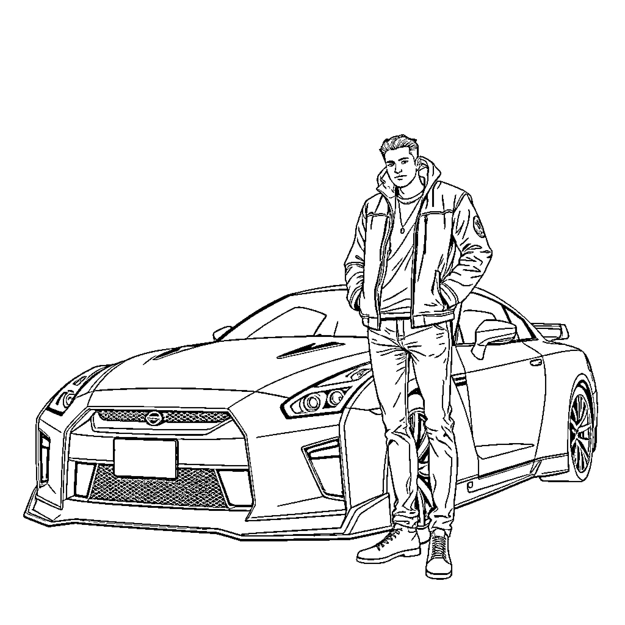 Nissan Sports Car and Stylish Man Coloring Page (free black-and-white line drawing printable PDF for all, from beginners to advanced learners, including children, teens, adults, and seniors)