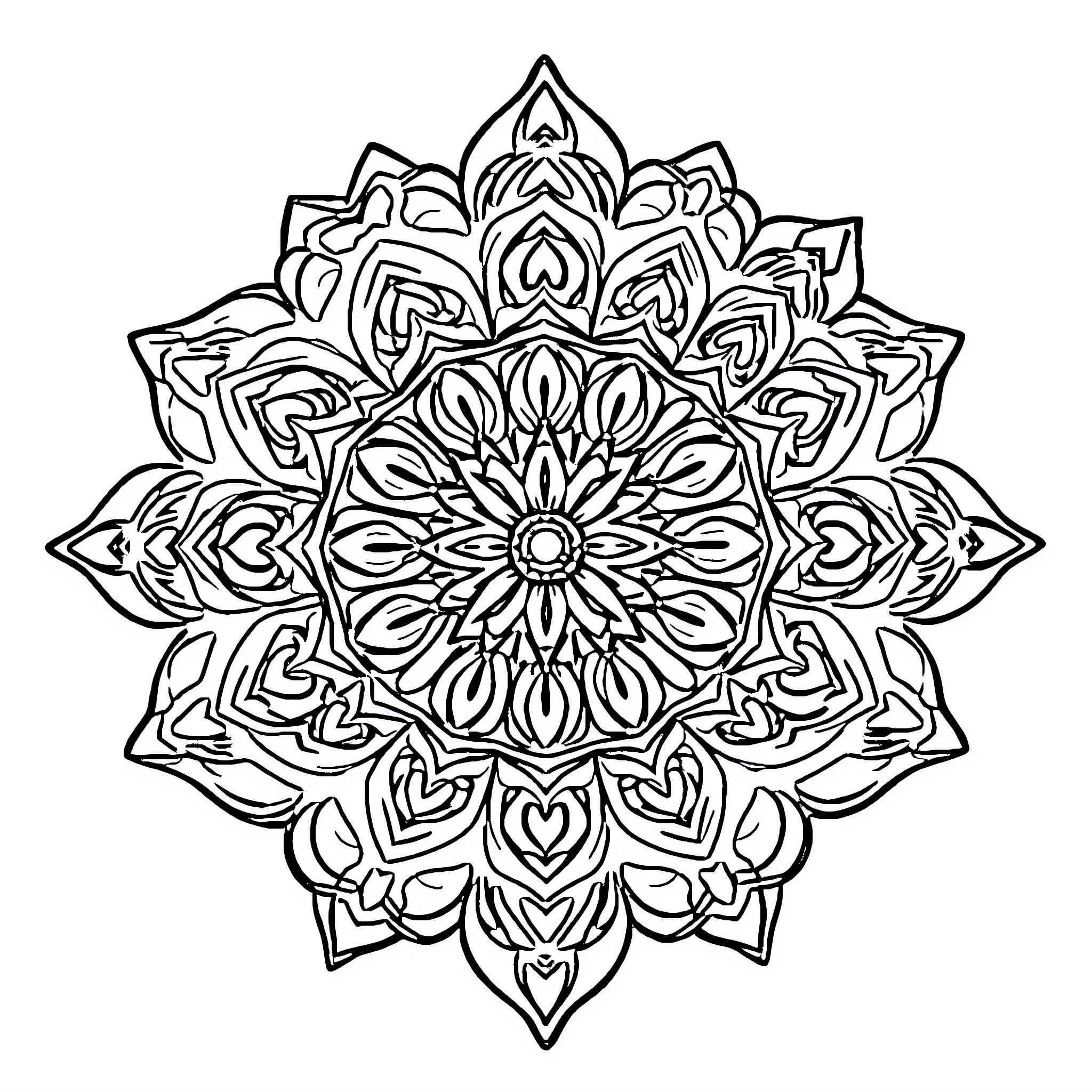 Mandala of intricate symmetrical patterns Coloring Page (free black-and-white line drawing printable PDF for all, from beginners to advanced learners, including children, teens, adults, and seniors)