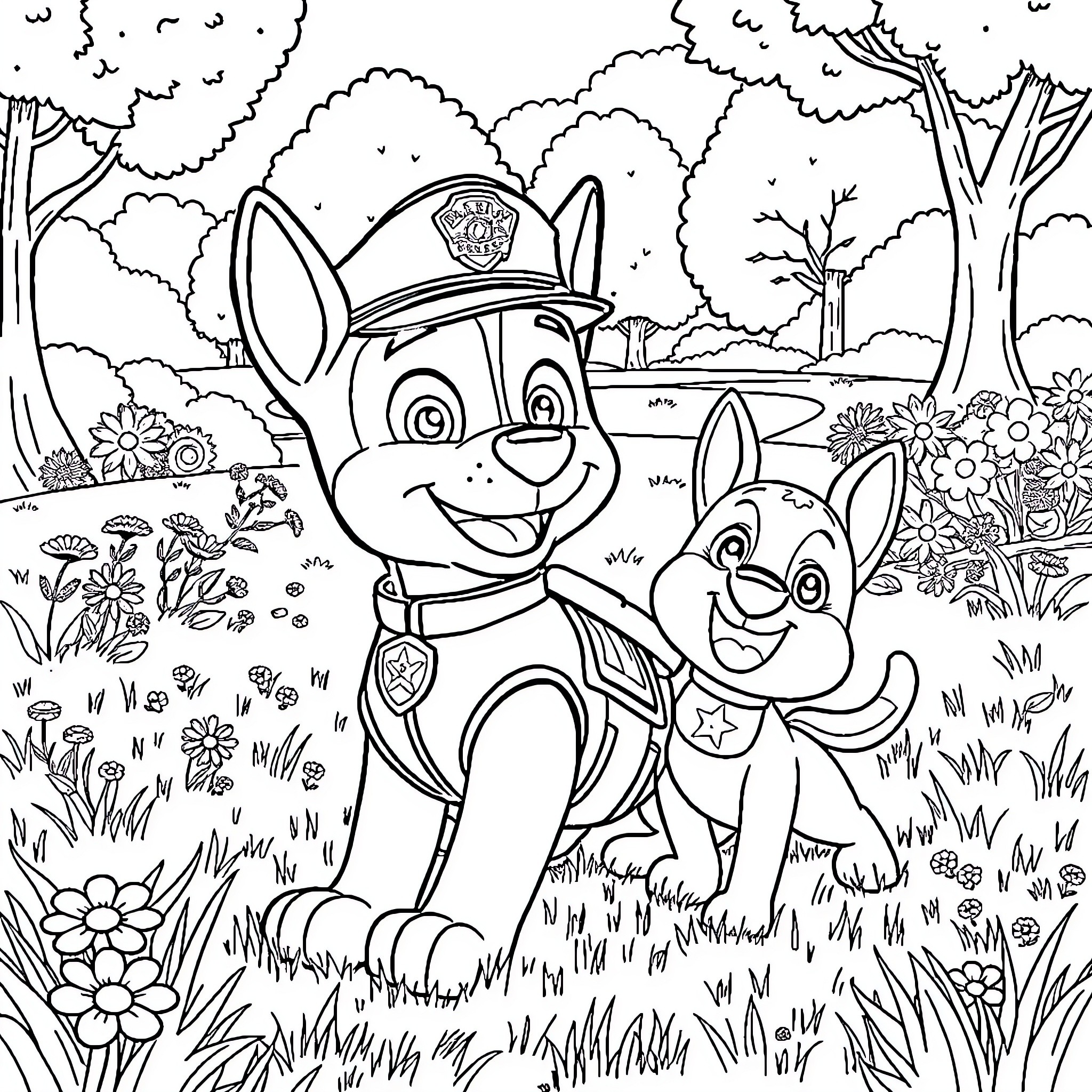 Chase of Pups in Flower Field Coloring Page (free black-and-white line drawing printable PDF for all, from beginners to advanced learners, including children, teens, adults, and seniors)