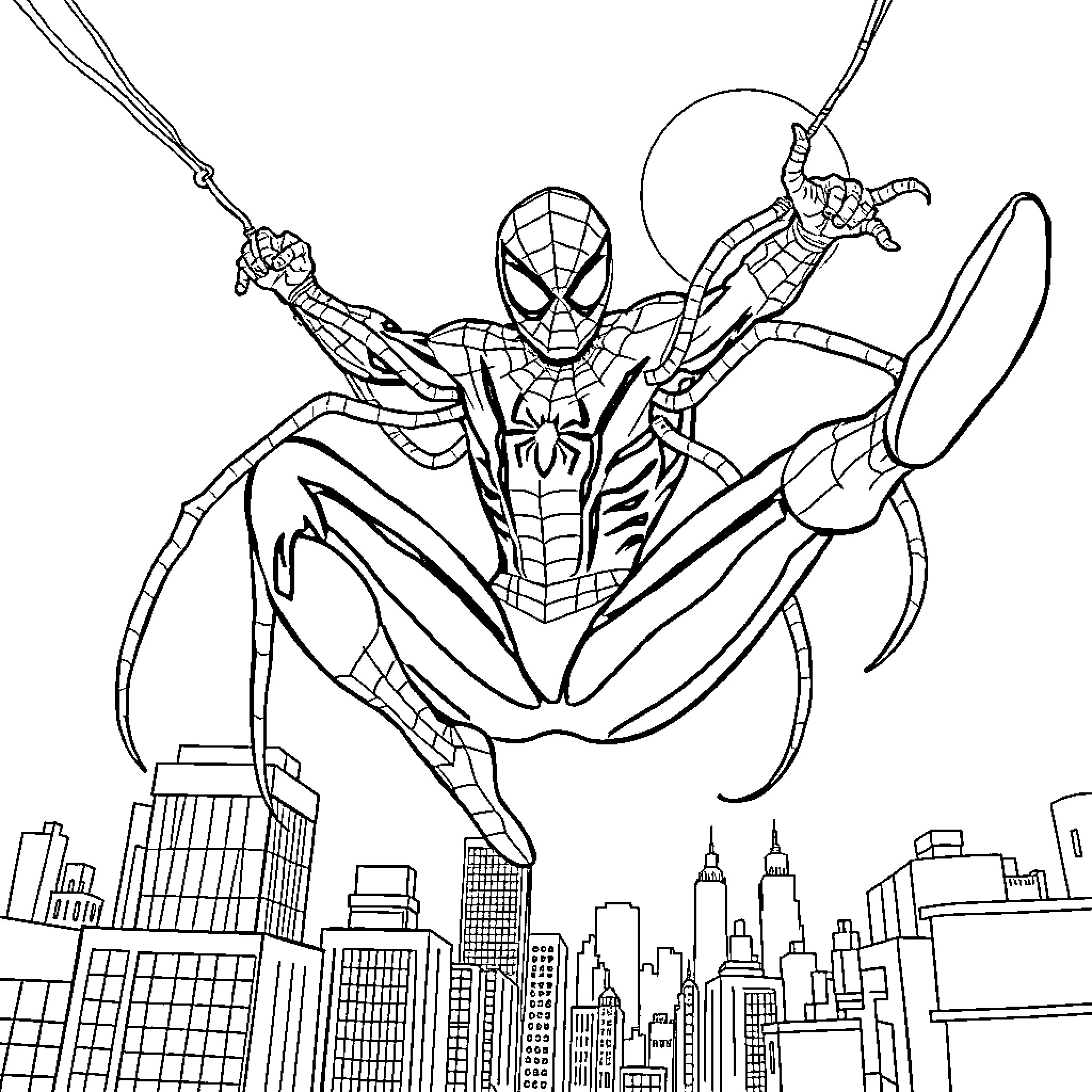 Spiderman swinging through the city skyline Coloring Page (free black-and-white line drawing printable PDF for all, from beginners to advanced learners, including children, teens, adults, and seniors)