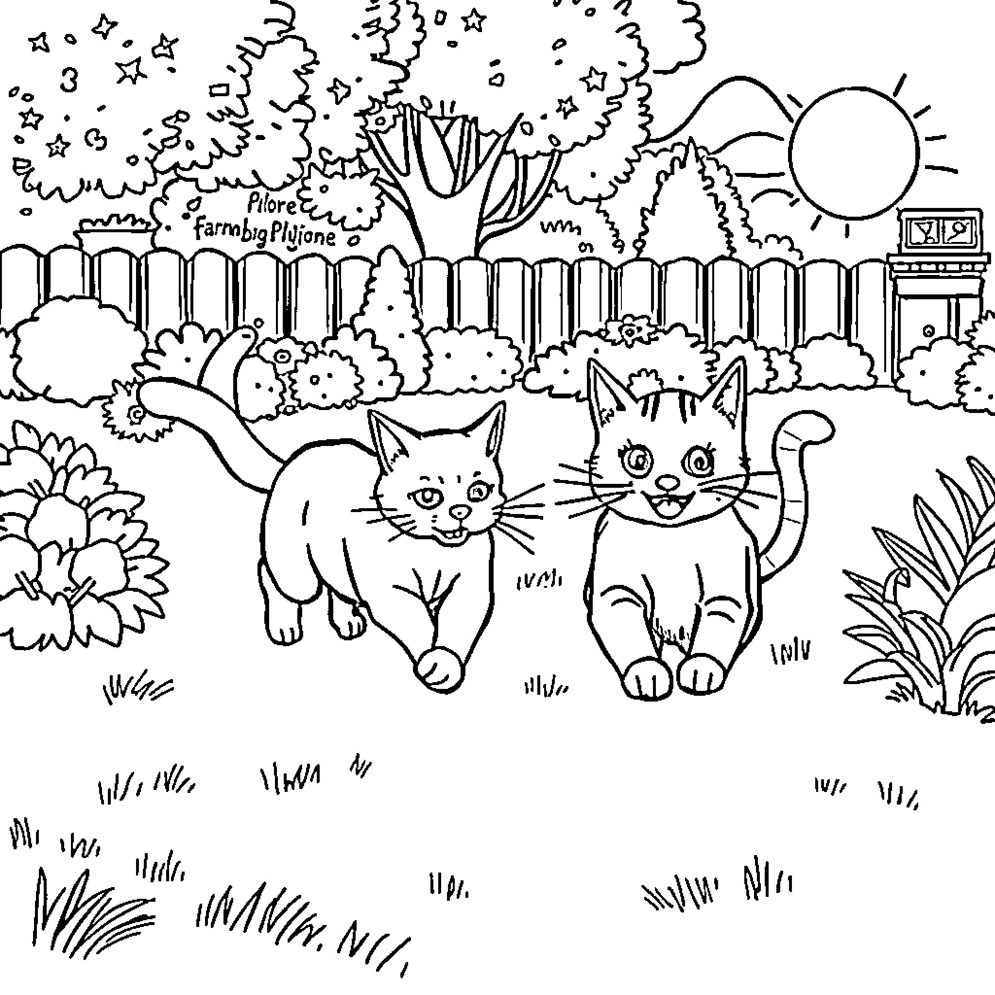 Cat Companions in a Whimsical Garden Coloring Page (free black-and-white line drawing printable PDF for all, from beginners to advanced learners, including children, teens, adults, and seniors)
