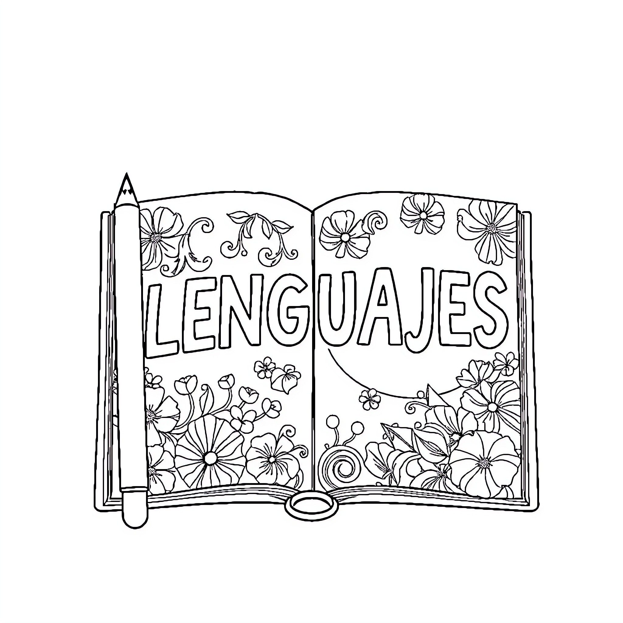 Pencil drawing of an open book with floral designs Coloring Page (free black-and-white line drawing printable PDF for all, from beginners to advanced learners, including children, teens, adults, and seniors)