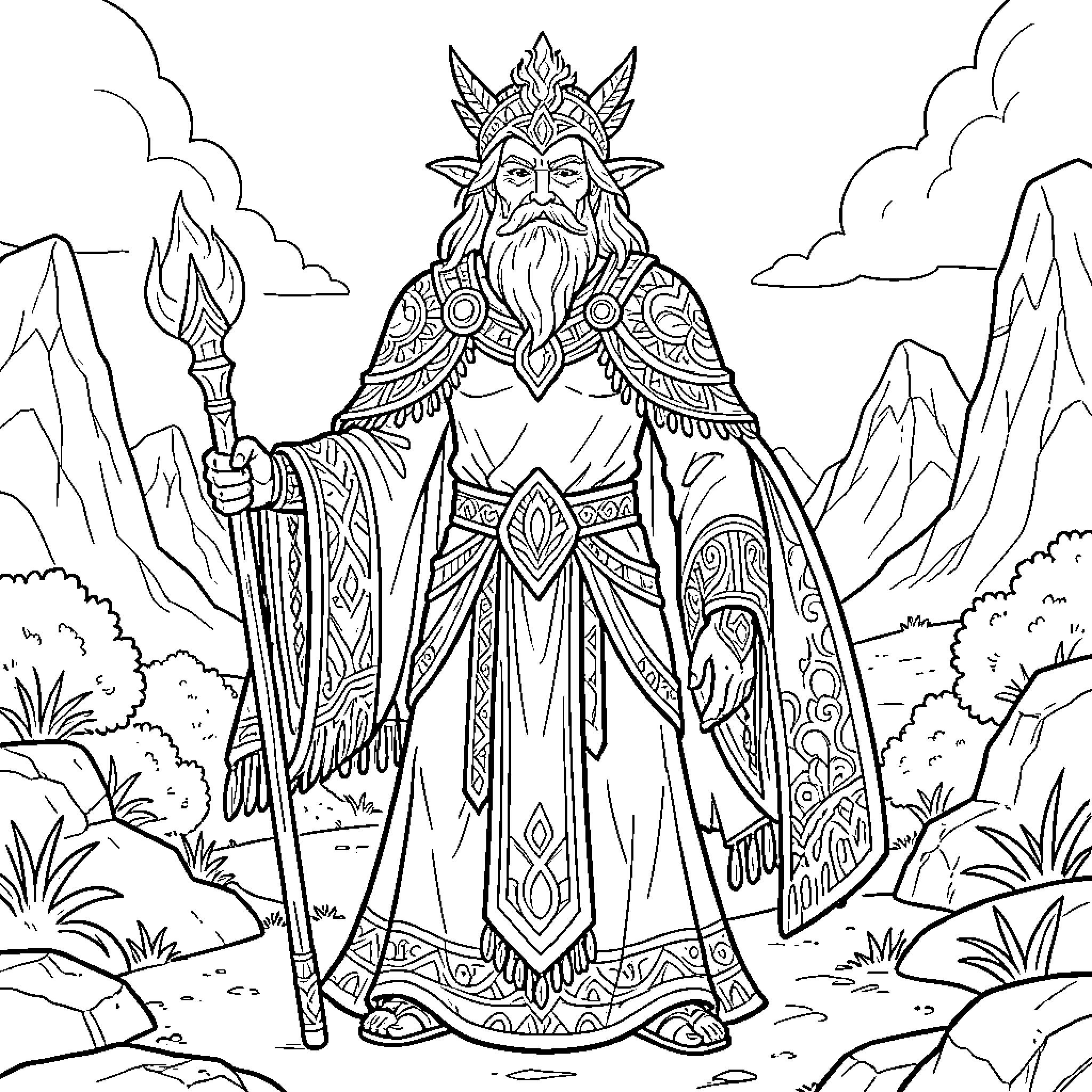 Tharian wizard standing regally with a flaming staff Coloring Page (free black-and-white line drawing printable PDF for all, from beginners to advanced learners, including children, teens, adults, and seniors)