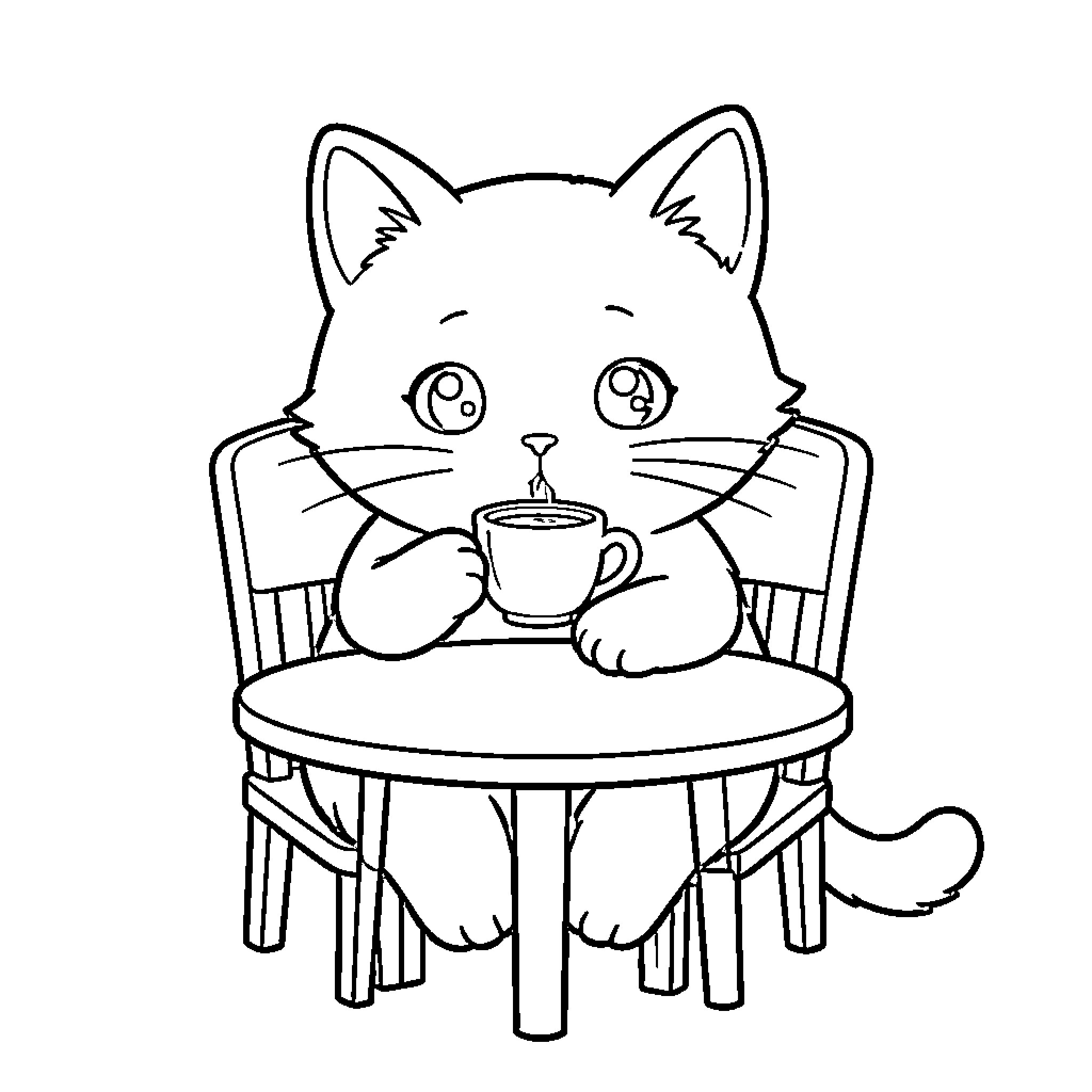 Cat relaxing with a cup of coffee Coloring Page (free black-and-white line drawing printable PDF for all, from beginners to advanced learners, including children, teens, adults, and seniors)