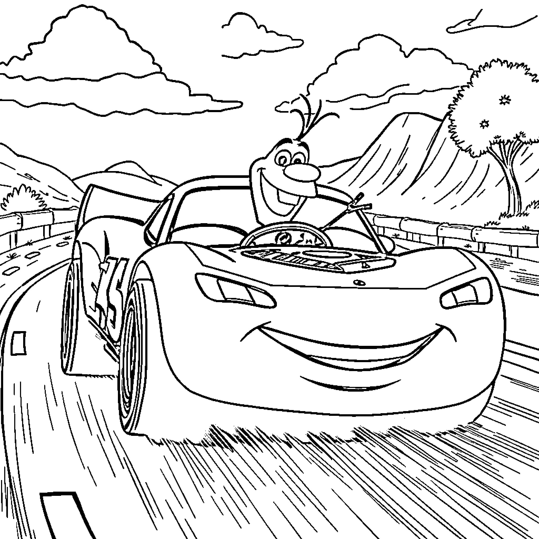 Olaf's Exhilarating Road Trip Adventure Coloring Page (free black-and-white line drawing printable PDF for all, from beginners to advanced learners, including children, teens, adults, and seniors)