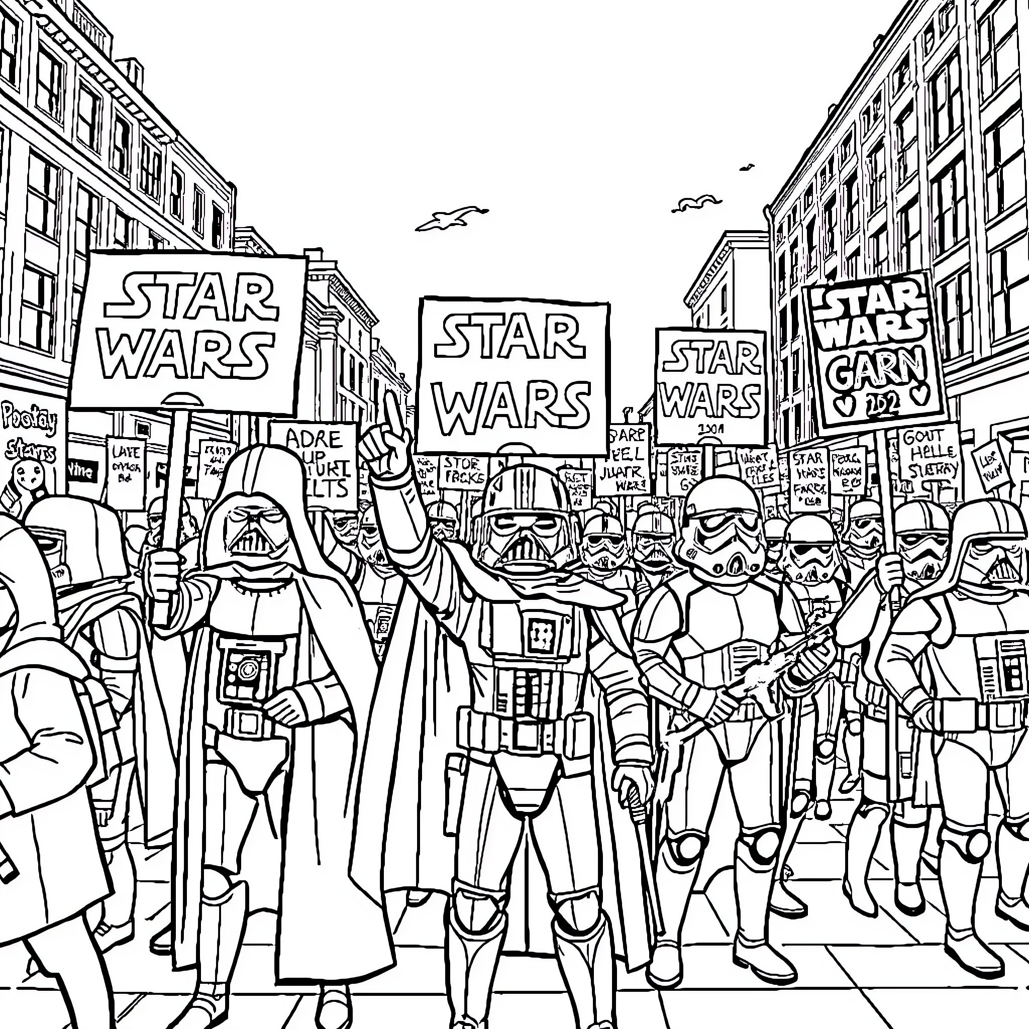 Protesters in Star Wars-themed costumes rally in the city Coloring Page (free black-and-white line drawing printable PDF for all, from beginners to advanced learners, including children, teens, adults, and seniors)
