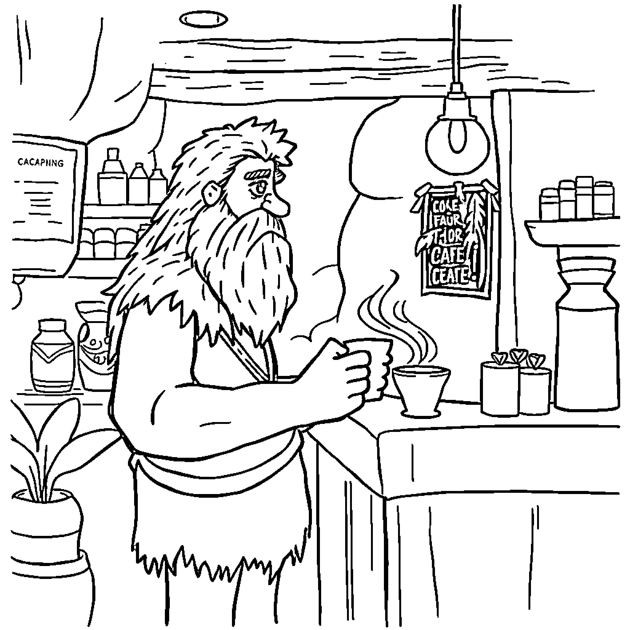 Caveman enjoying a hot drink in a cozy cafe Coloring Page (free black-and-white line drawing printable PDF for all, from beginners to advanced learners, including children, teens, adults, and seniors)