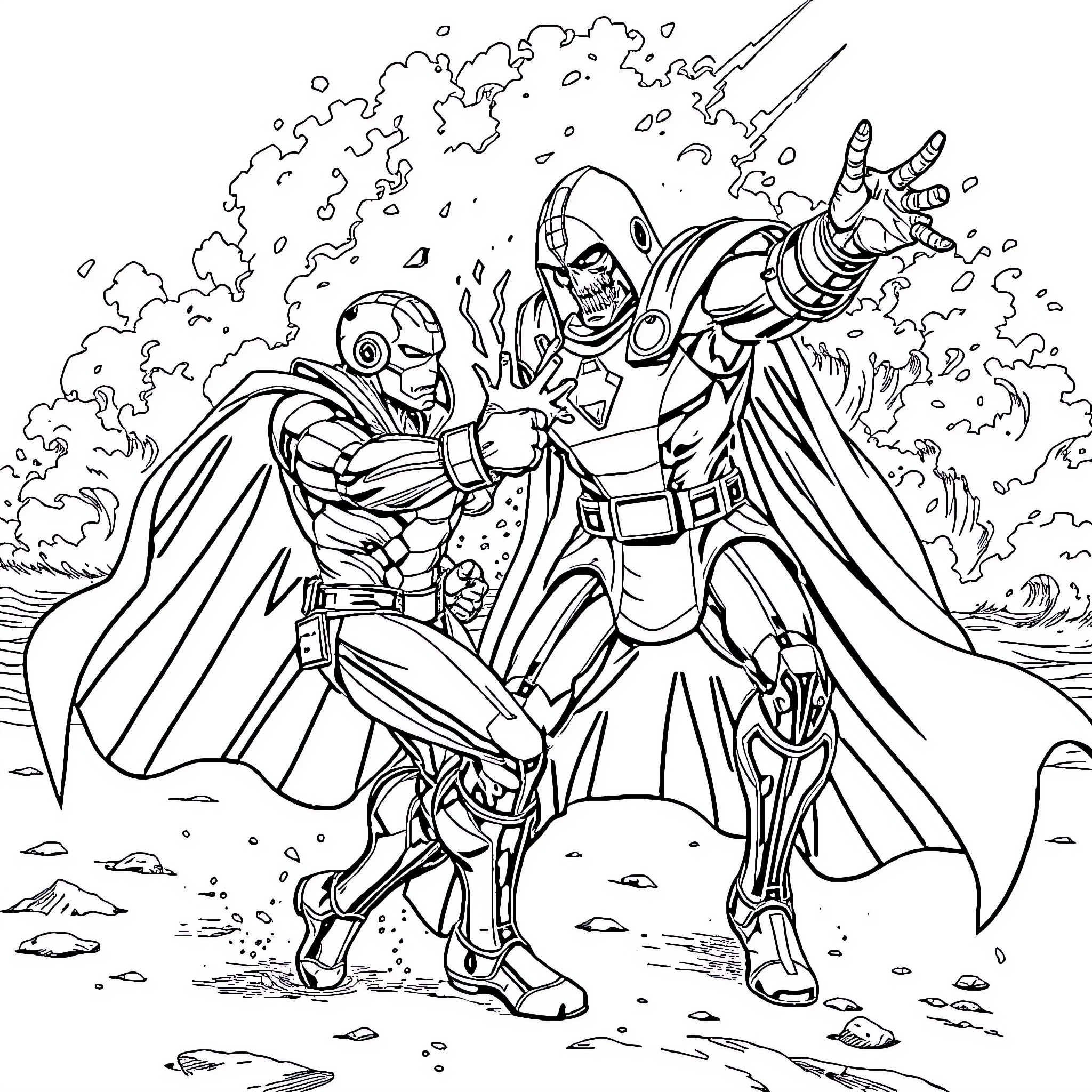 Ironman battling a futuristic villain in an explosive scene Coloring Page (free black-and-white line drawing printable PDF for all, from beginners to advanced learners, including children, teens, adults, and seniors)