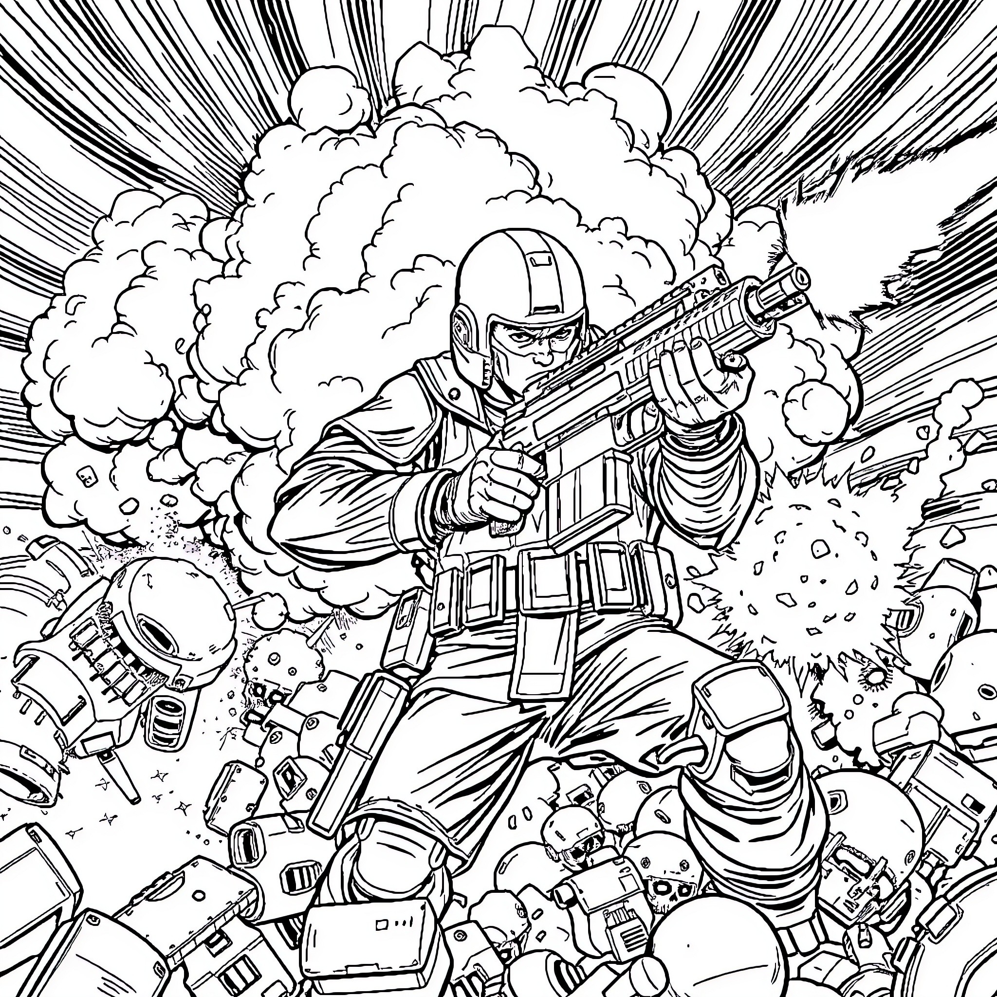 Soldier in intense battle with explosive action Coloring Page (free black-and-white line drawing printable PDF for all, from beginners to advanced learners, including children, teens, adults, and seniors)
