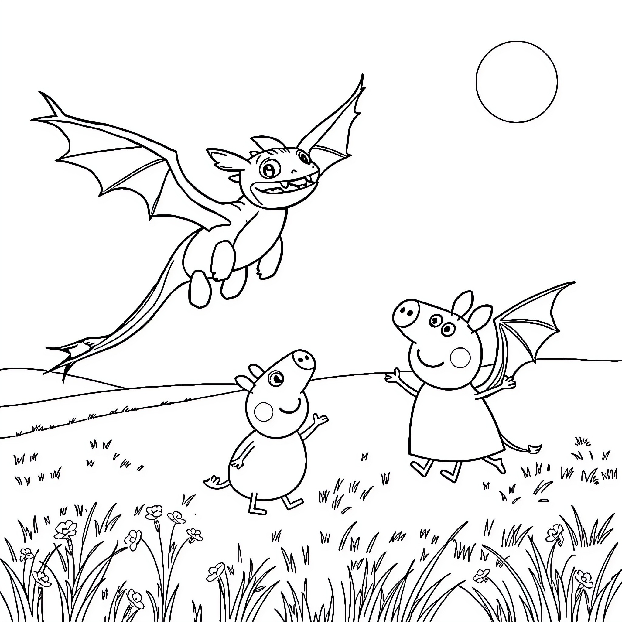 Dragon friends enjoying a playful night Coloring Page (free black-and-white line drawing printable PDF for all, from beginners to advanced learners, including children, teens, adults, and seniors)