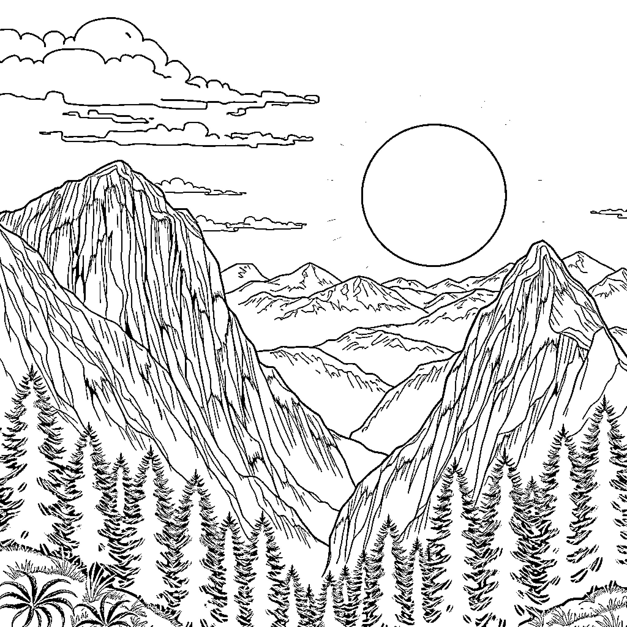 Sun shining over majestic mountain landscape Coloring Page (free black-and-white line drawing printable PDF for all, from beginners to advanced learners, including children, teens, adults, and seniors)