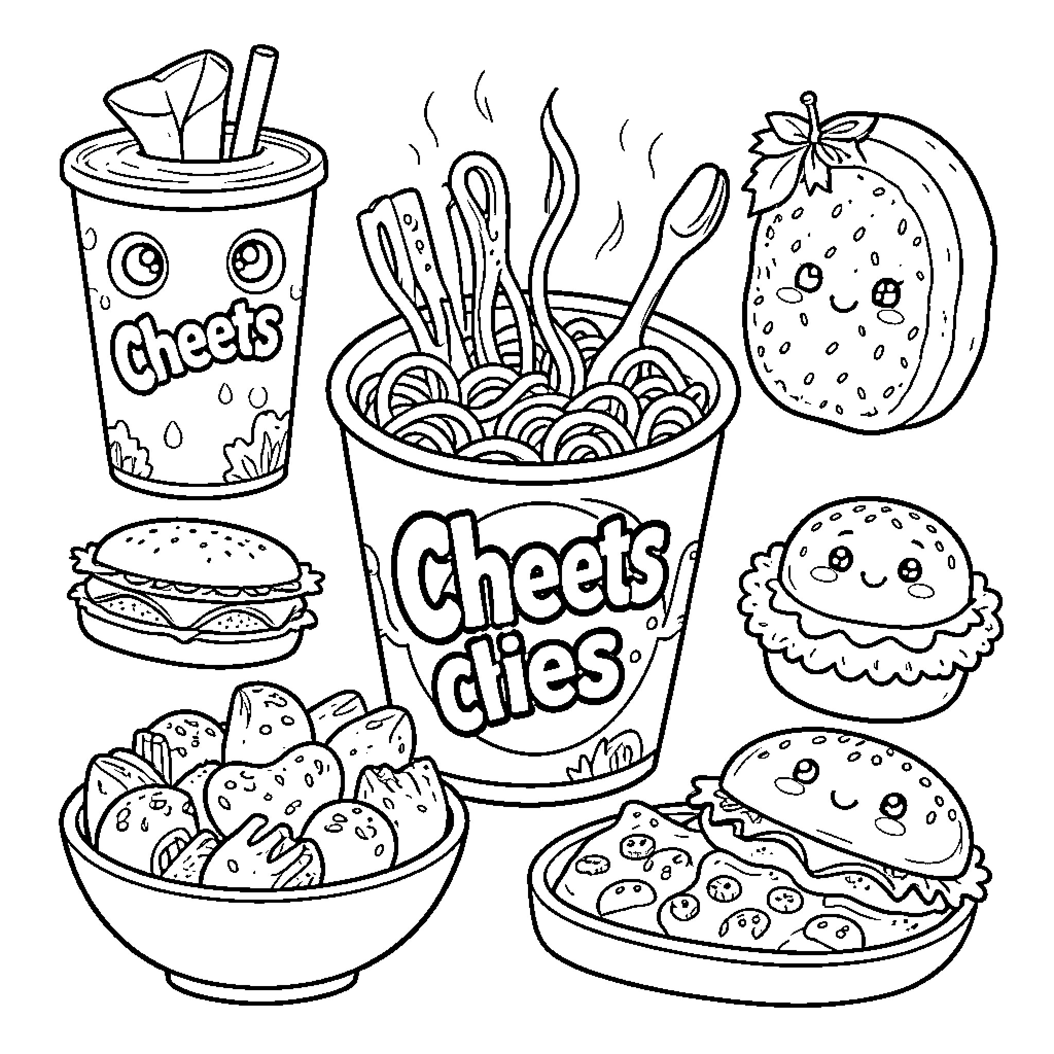 Food items and snacks in fun and whimsical drawings Coloring Page (free black-and-white line drawing printable PDF for all, from beginners to advanced learners, including children, teens, adults, and seniors)