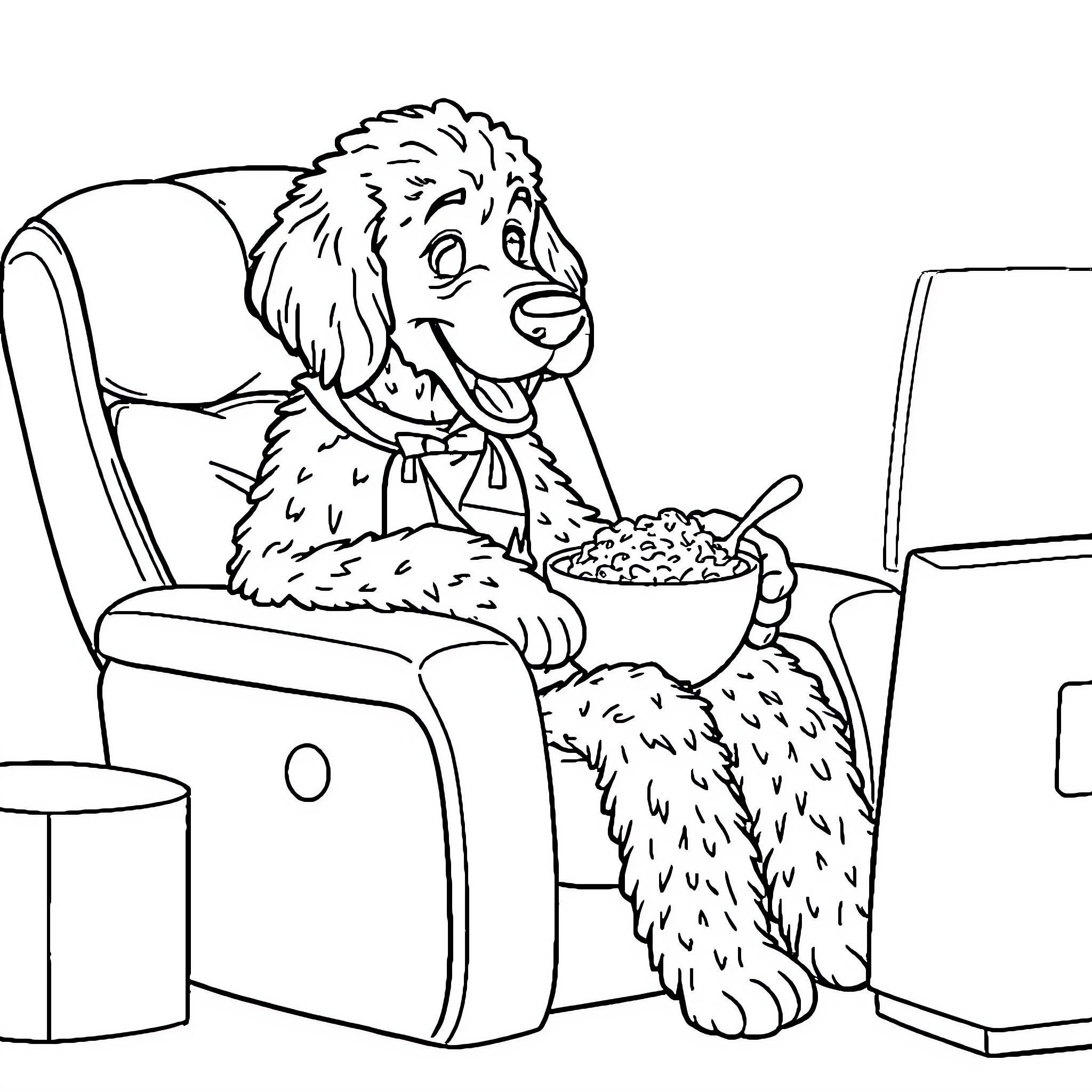 Golden Doodle enjoying a snack in cozy chair Coloring Page (free black-and-white line drawing printable PDF for all, from beginners to advanced learners, including children, teens, adults, and seniors)
