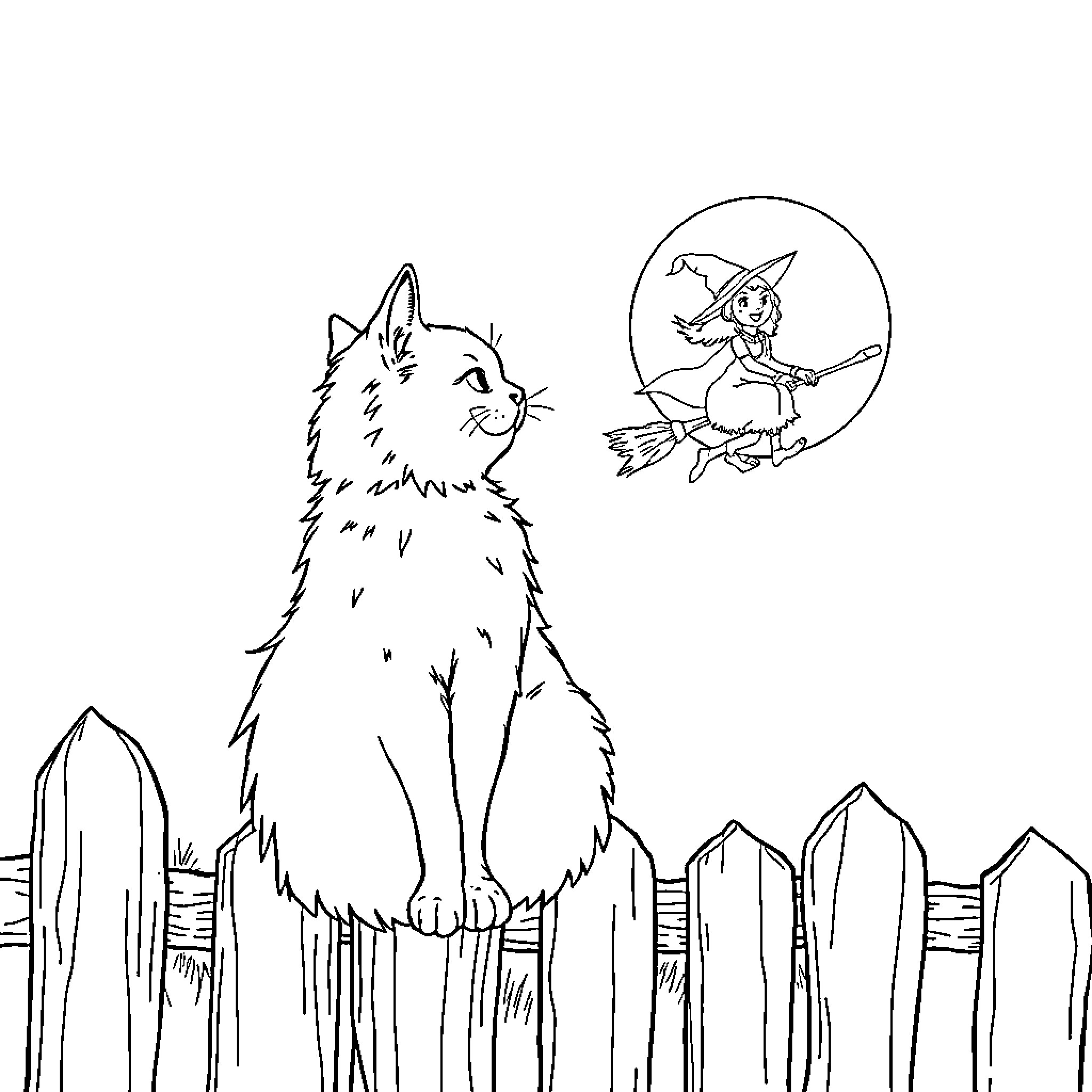 Siamese Cat watching a Witch flying on a Broomstick Coloring Page (free black-and-white line drawing printable PDF for all, from beginners to advanced learners, including children, teens, adults, and seniors)