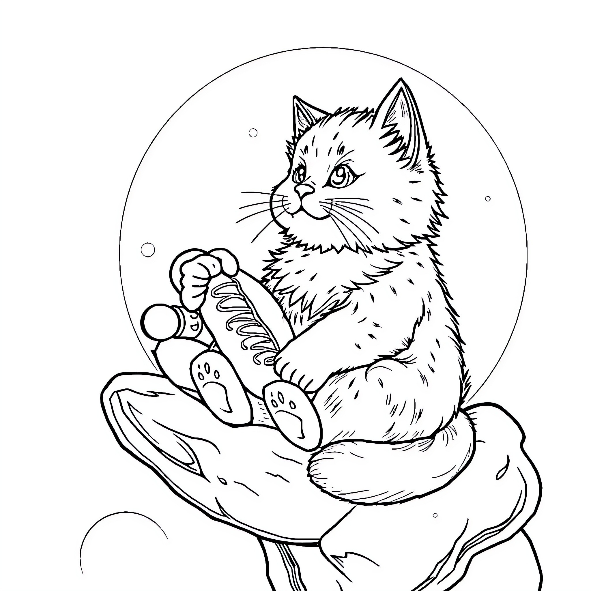 Cat curled up in a cozy basket Coloring Page (free black-and-white line drawing printable PDF for all, from beginners to advanced learners, including children, teens, adults, and seniors)