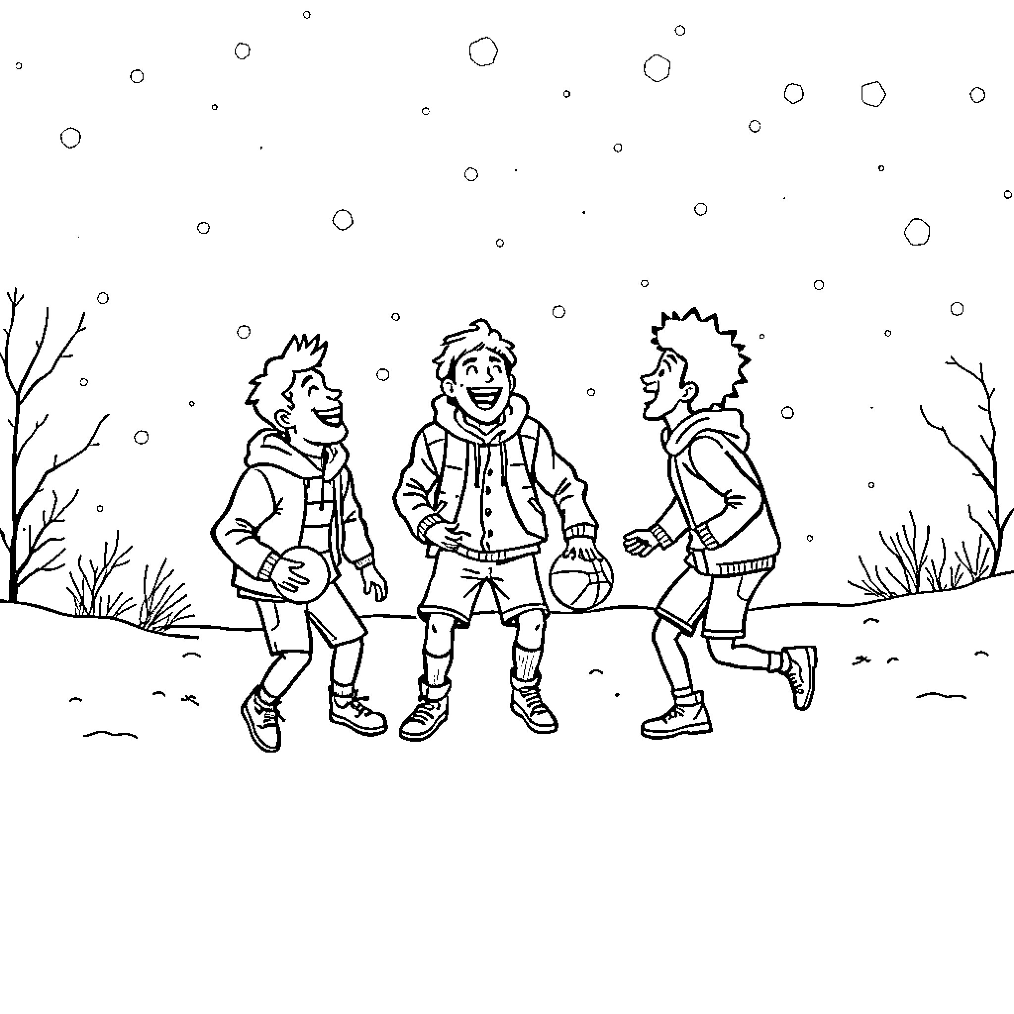 Guy enjoying winter with friends in the snow Coloring Page (free black-and-white line drawing printable PDF for all, from beginners to advanced learners, including children, teens, adults, and seniors)