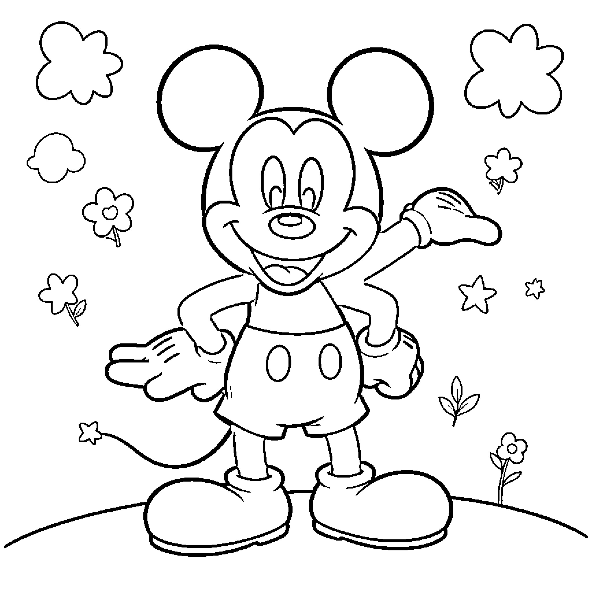 Mickey Mouse Waving and Surrounded by Flowers Coloring Page (free black-and-white line drawing printable PDF for all, from beginners to advanced learners, including children, teens, adults, and seniors)