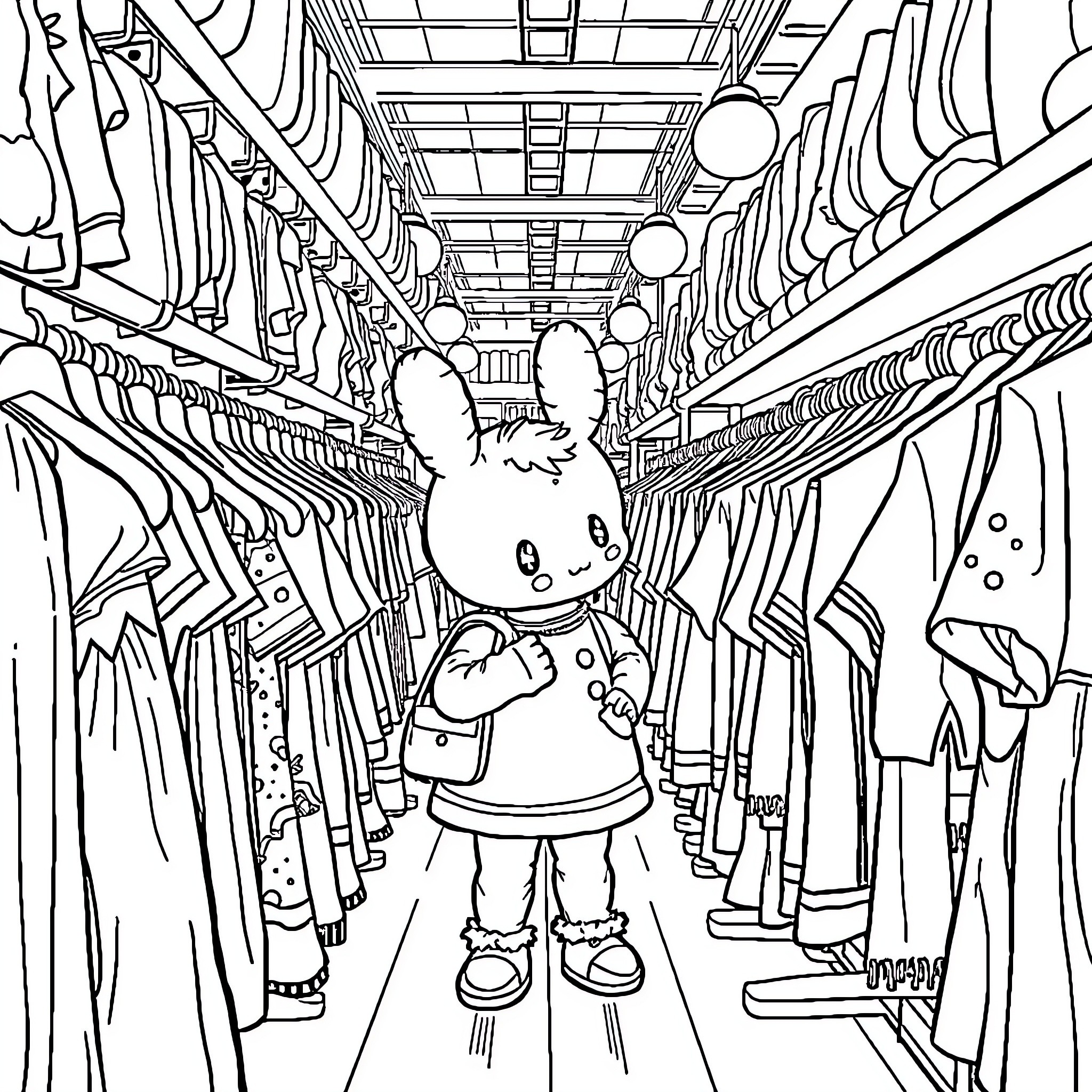 Labubu exploring a clothing store aisle Coloring Page (free black-and-white line drawing printable PDF for all, from beginners to advanced learners, including children, teens, adults, and seniors)