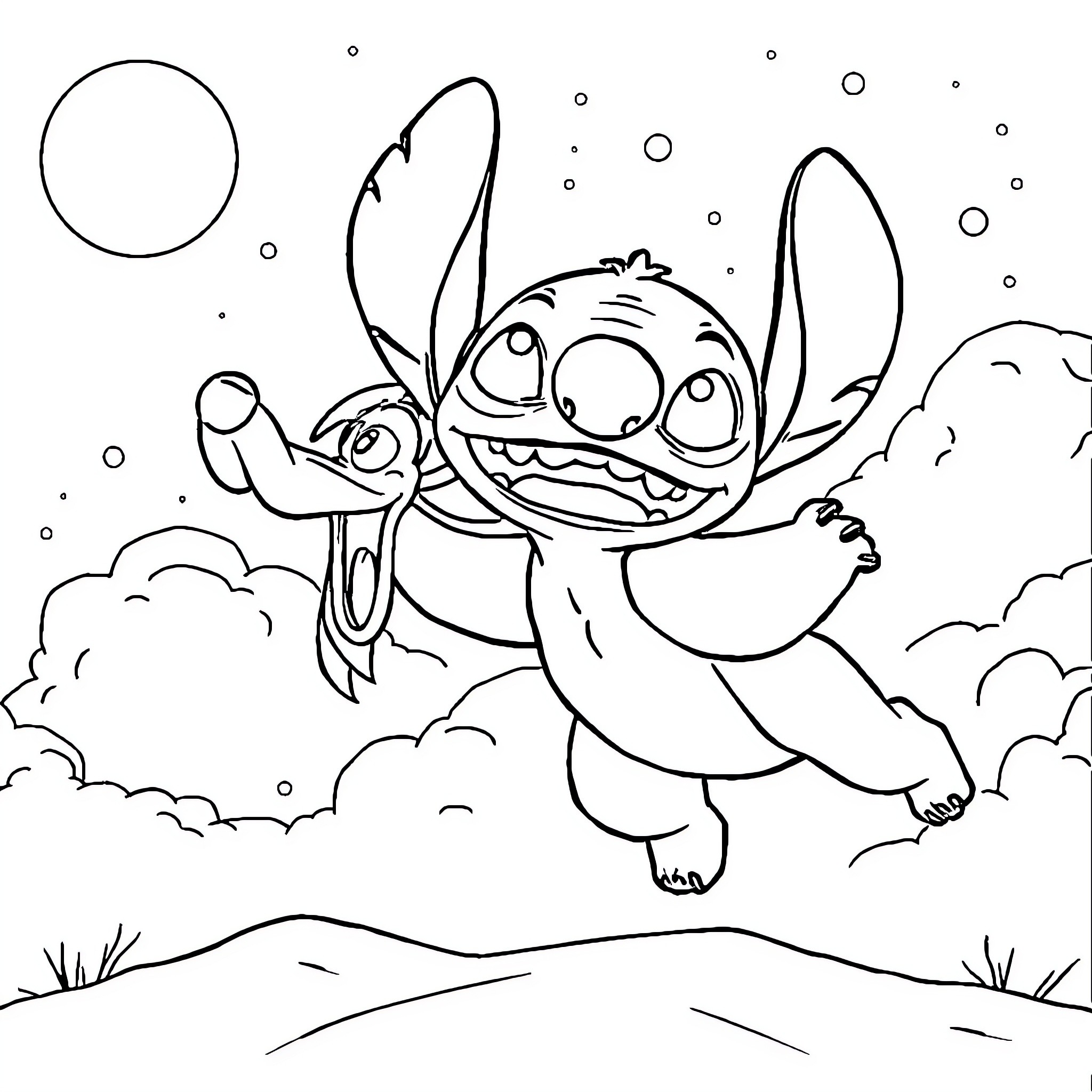 Stitch exploring the clouds with joy Coloring Page (free black-and-white line drawing printable PDF for all, from beginners to advanced learners, including children, teens, adults, and seniors)