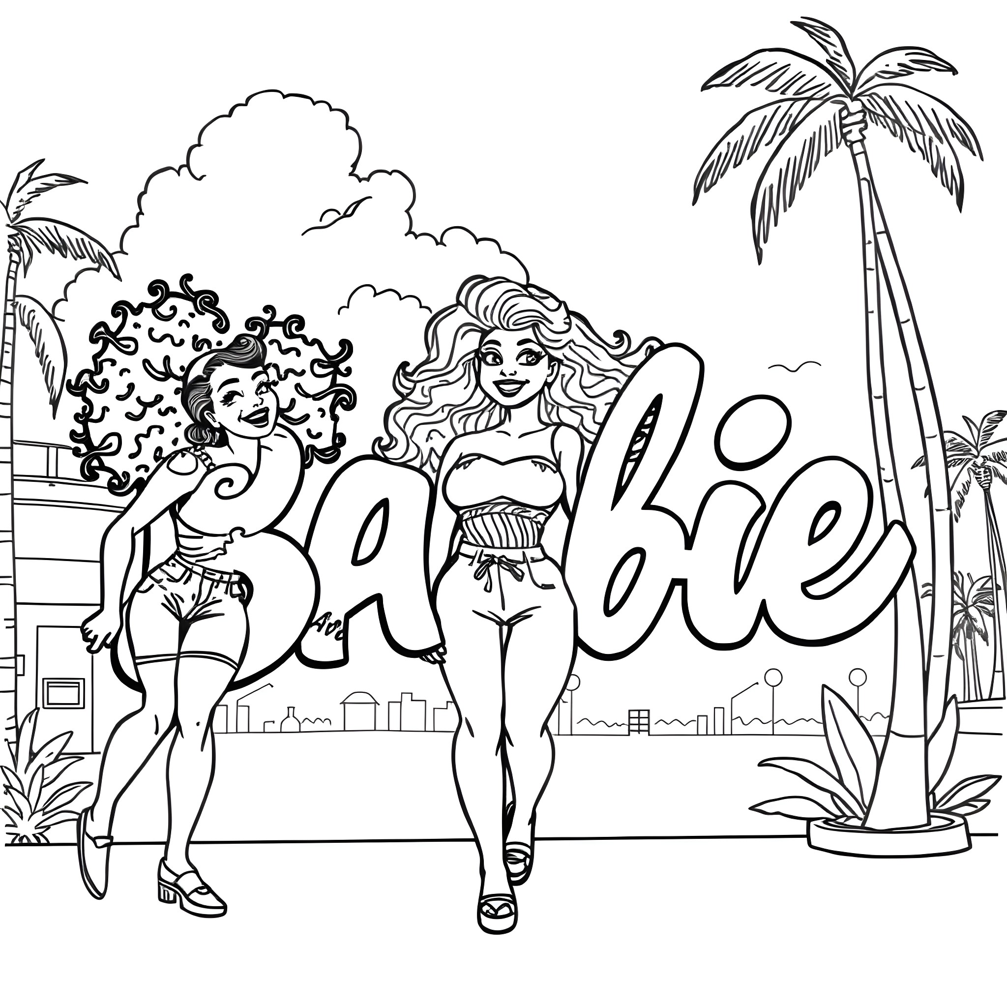 Barbie enjoying a fun day at the beach Coloring Page (free black-and-white line drawing printable PDF for all, from beginners to advanced learners, including children, teens, adults, and seniors)