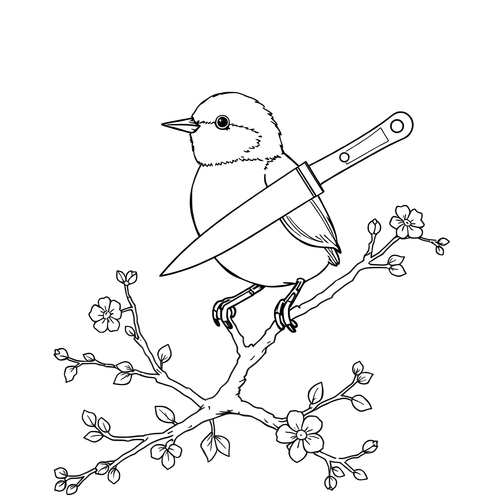 Bird perched on branch with flowers Coloring Page (free black-and-white line drawing printable PDF for all, from beginners to advanced learners, including children, teens, adults, and seniors)