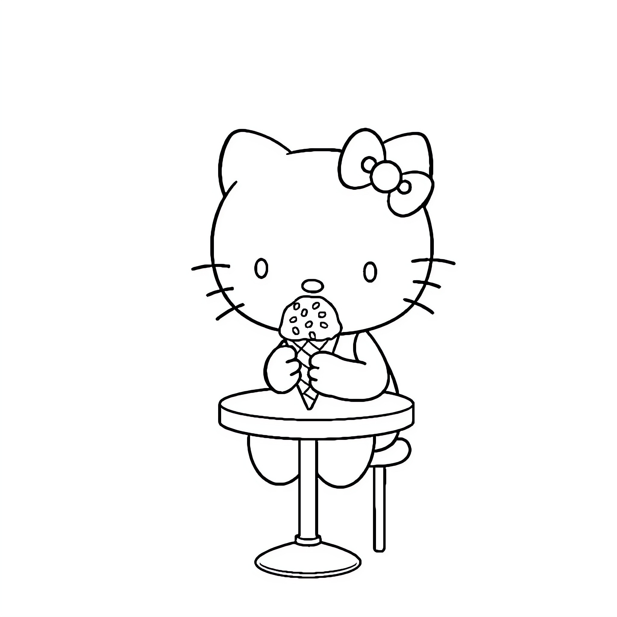 Hello Kitty enjoying a snack at the table Coloring Page (free black-and-white line drawing printable PDF for all, from beginners to advanced learners, including children, teens, adults, and seniors)