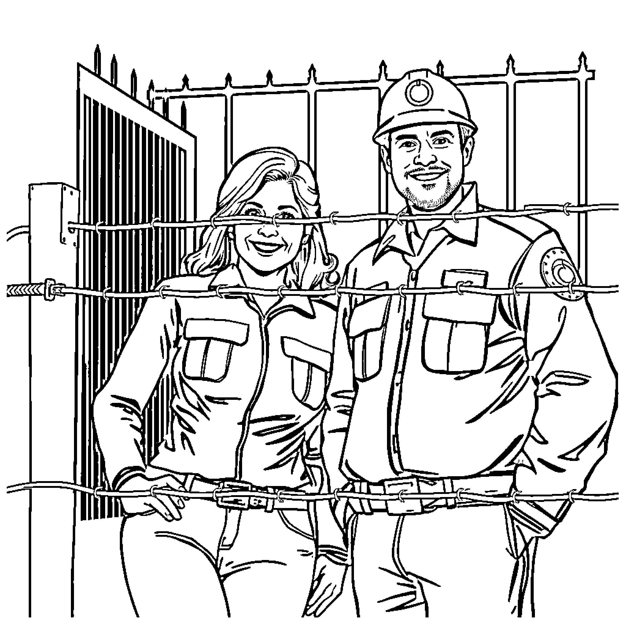 Prison Officers in Uniform Interacting Coloring Page (free black-and-white line drawing printable PDF for all, from beginners to advanced learners, including children, teens, adults, and seniors)
