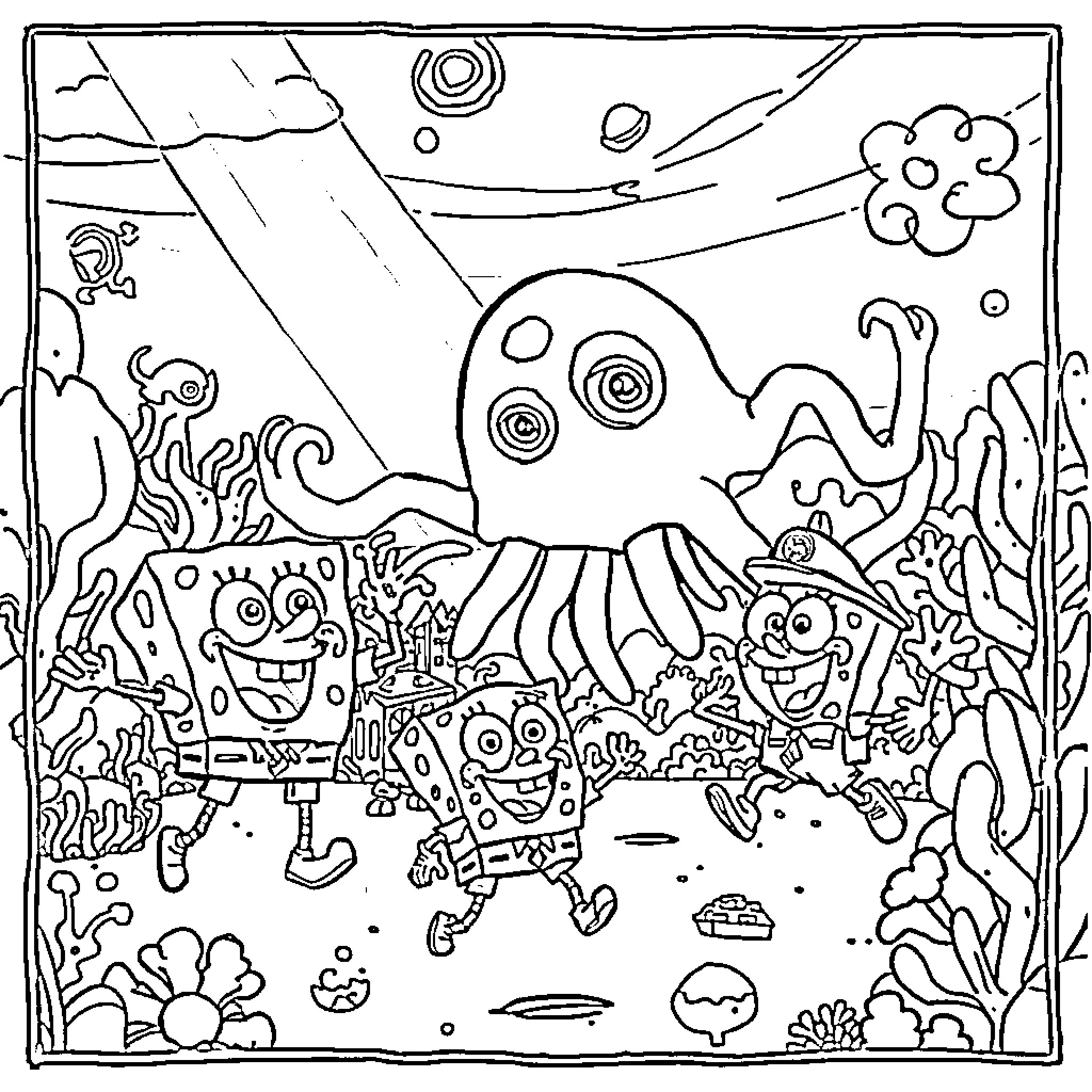 Spongebob's Whimsical Underwater Adventure Coloring Page (free black-and-white line drawing printable PDF for all, from beginners to advanced learners, including children, teens, adults, and seniors)