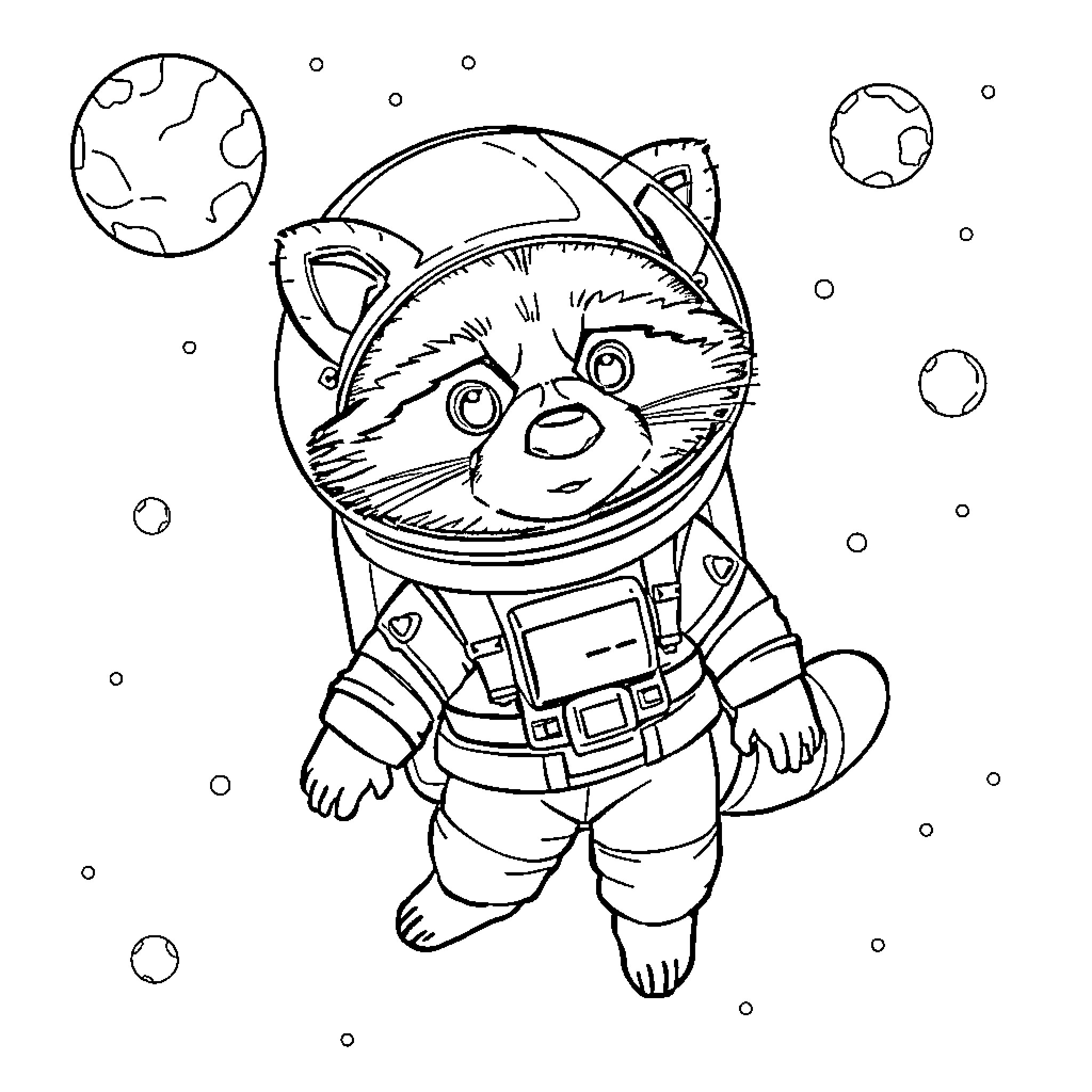 Astronaut Raccoon exploring the cosmos Coloring Page (free black-and-white line drawing printable PDF for all, from beginners to advanced learners, including children, teens, adults, and seniors)
