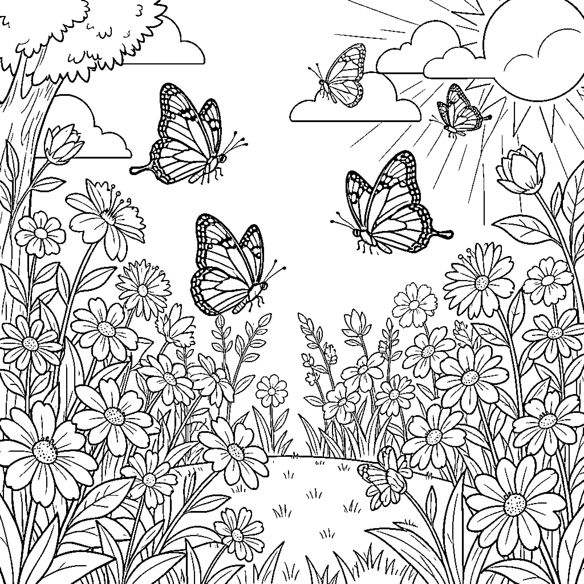 Butterfly flying gracefully over a meadow of flowers Coloring Page (free black-and-white line drawing printable PDF for all, from beginners to advanced learners, including children, teens, adults, and seniors)