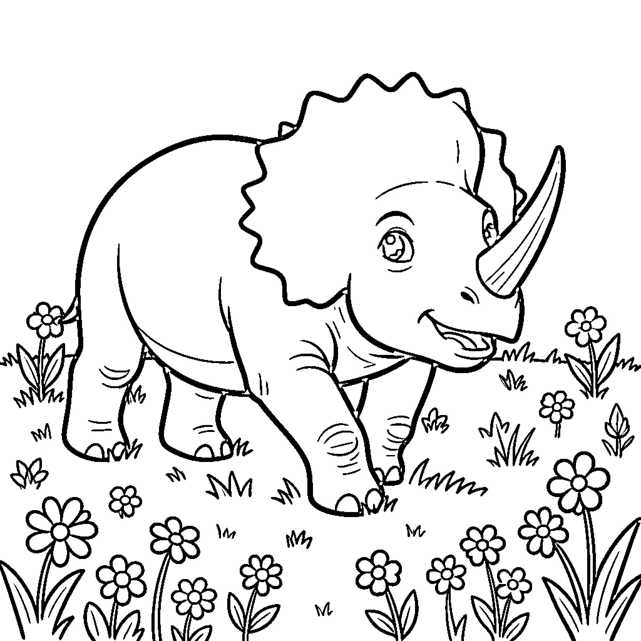 Triceratops playing in a flowery meadow Coloring Page (free black-and-white line drawing printable PDF for all, from beginners to advanced learners, including children, teens, adults, and seniors)