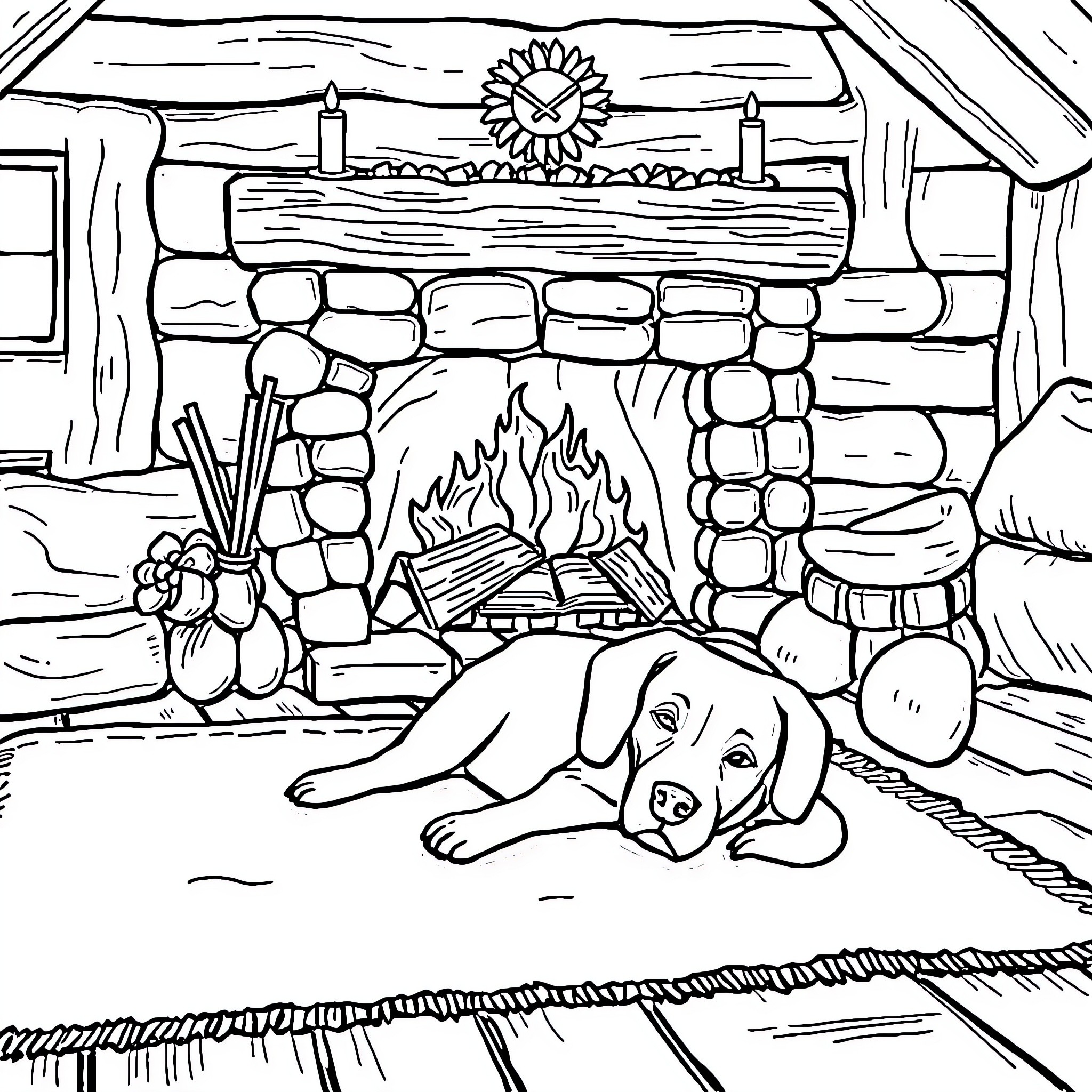 Dog resting by the cozy fireplace Coloring Page (free black-and-white line drawing printable PDF for all, from beginners to advanced learners, including children, teens, adults, and seniors)