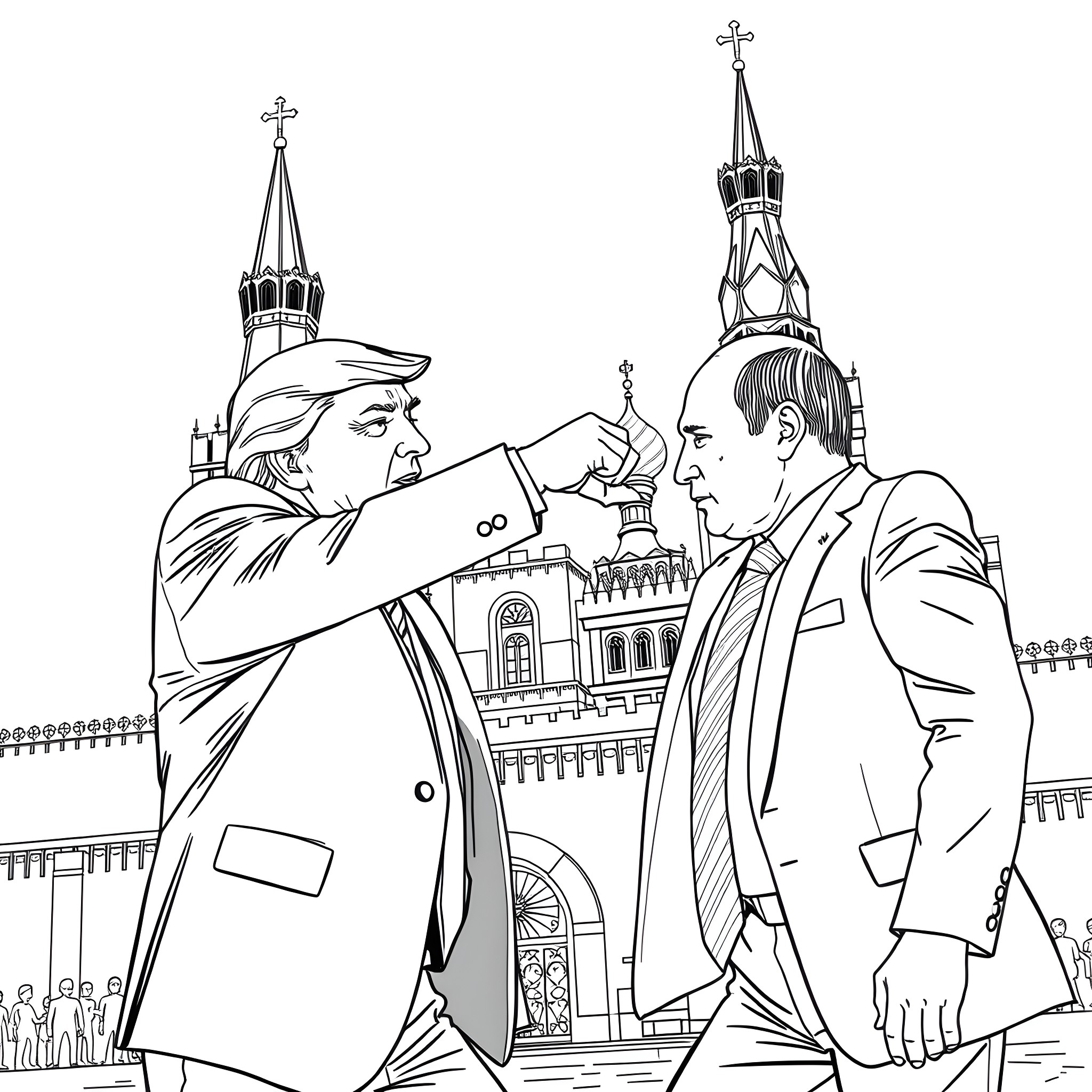 Donald Trump Interacting with a Man in Front of a Russian Church Coloring Page (free black-and-white line drawing printable PDF for all, from beginners to advanced learners, including children, teens, adults, and seniors)