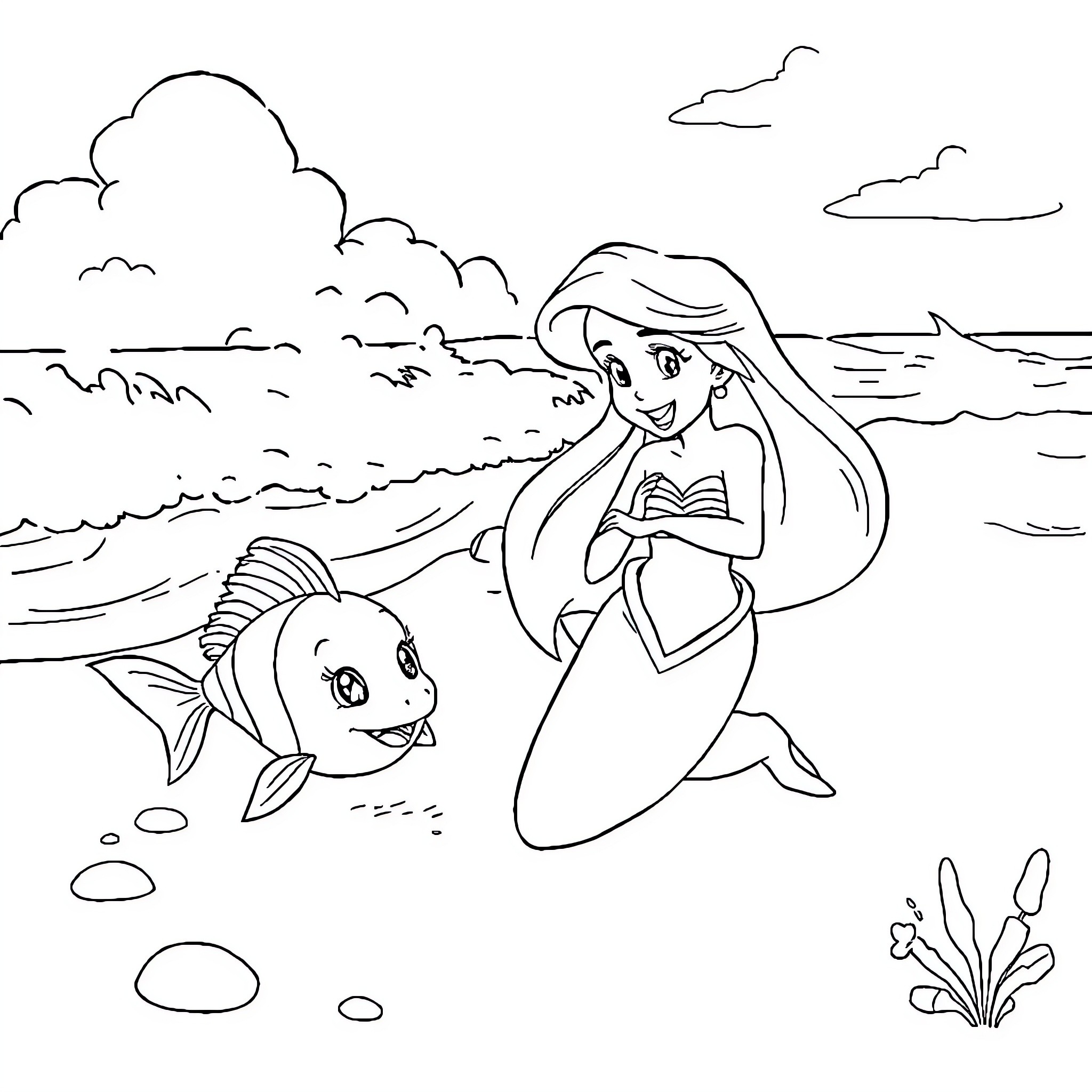 Ariel swimming and exploring the underwater world Coloring Page (free black-and-white line drawing printable PDF for all, from beginners to advanced learners, including children, teens, adults, and seniors)