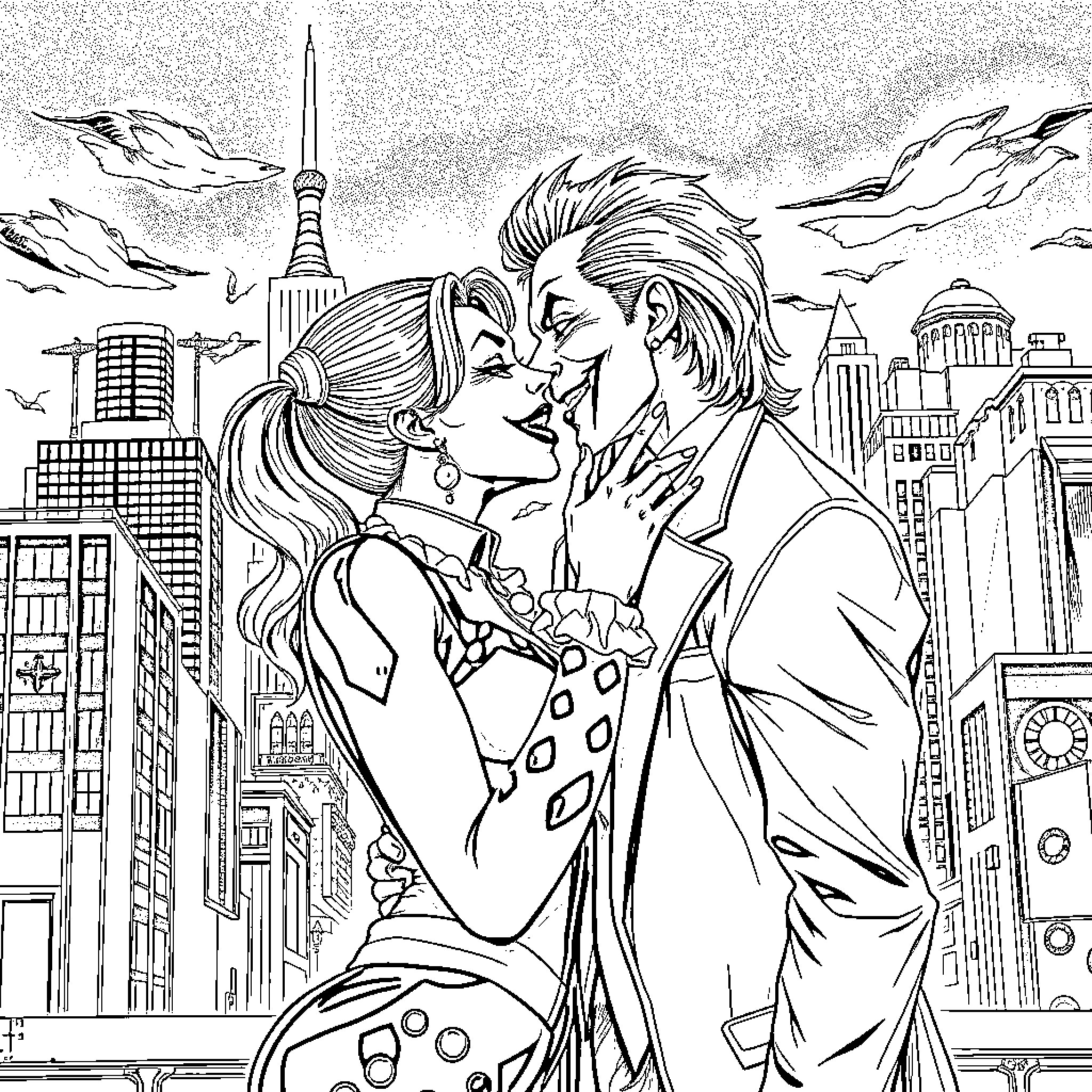 Harley Quinn and the Joker sharing an intimate moment in the city Coloring Page (free black-and-white line drawing printable PDF for all, from beginners to advanced learners, including children, teens, adults, and seniors)