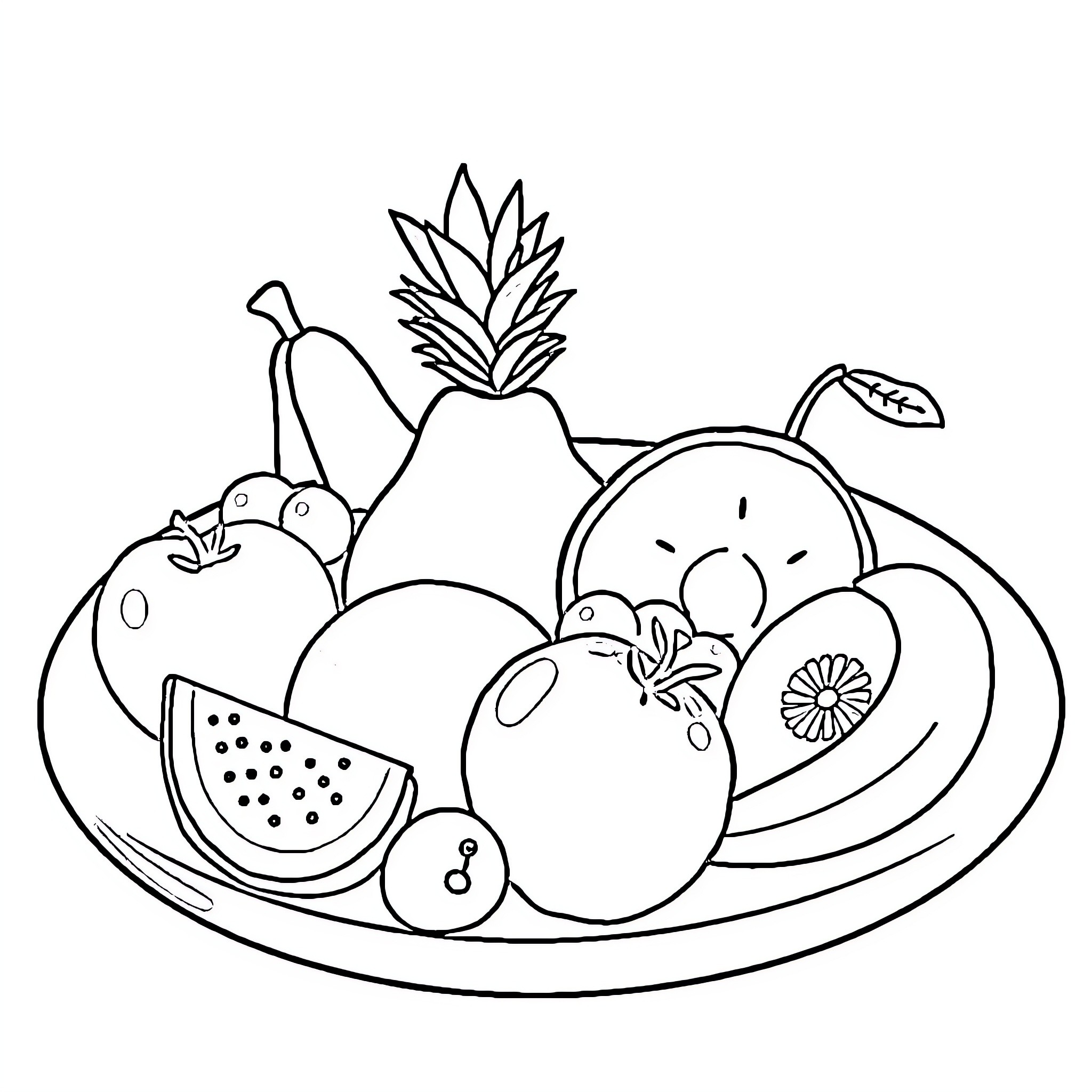 Fruit basket with diverse fruits Coloring Page (free black-and-white line drawing printable PDF for all, from beginners to advanced learners, including children, teens, adults, and seniors)