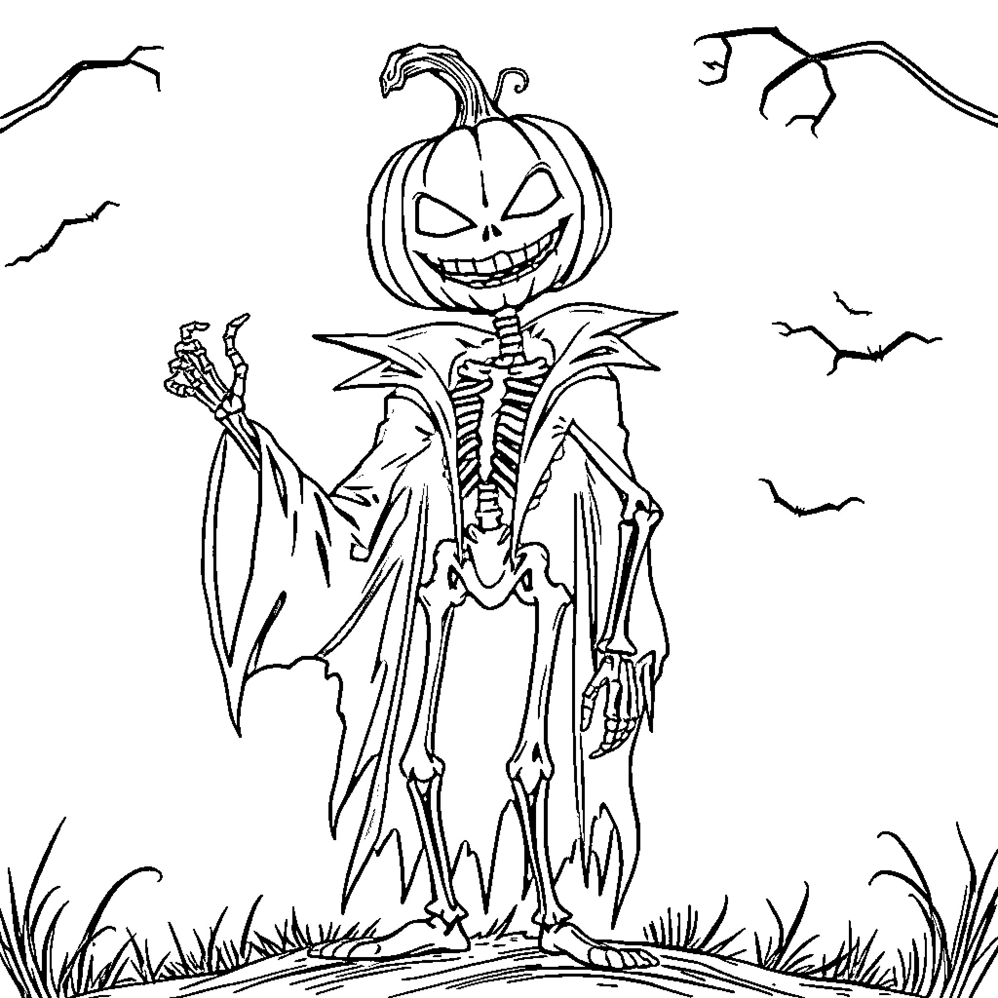 Jack's Spooky Halloween Skeleton Pumpkin Costume Coloring Page (free black-and-white line drawing printable PDF for all, from beginners to advanced learners, including children, teens, adults, and seniors)