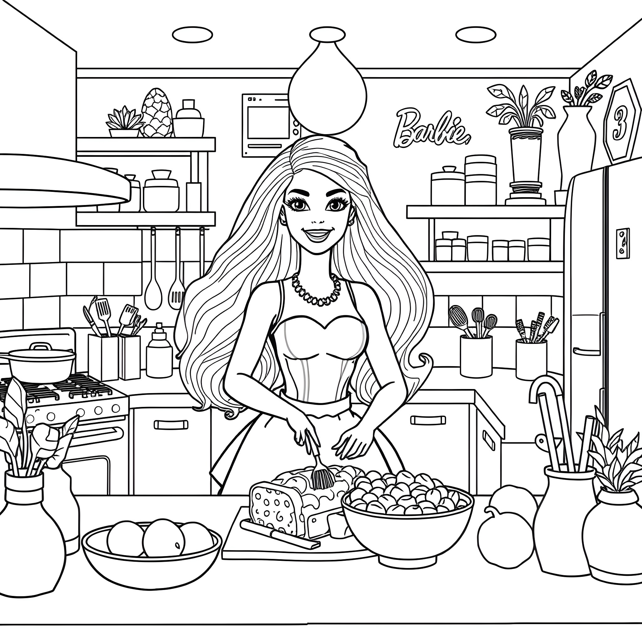 Barbie's Kitchen Adventures Coloring Page (free black-and-white line drawing printable PDF for all, from beginners to advanced learners, including children, teens, adults, and seniors)