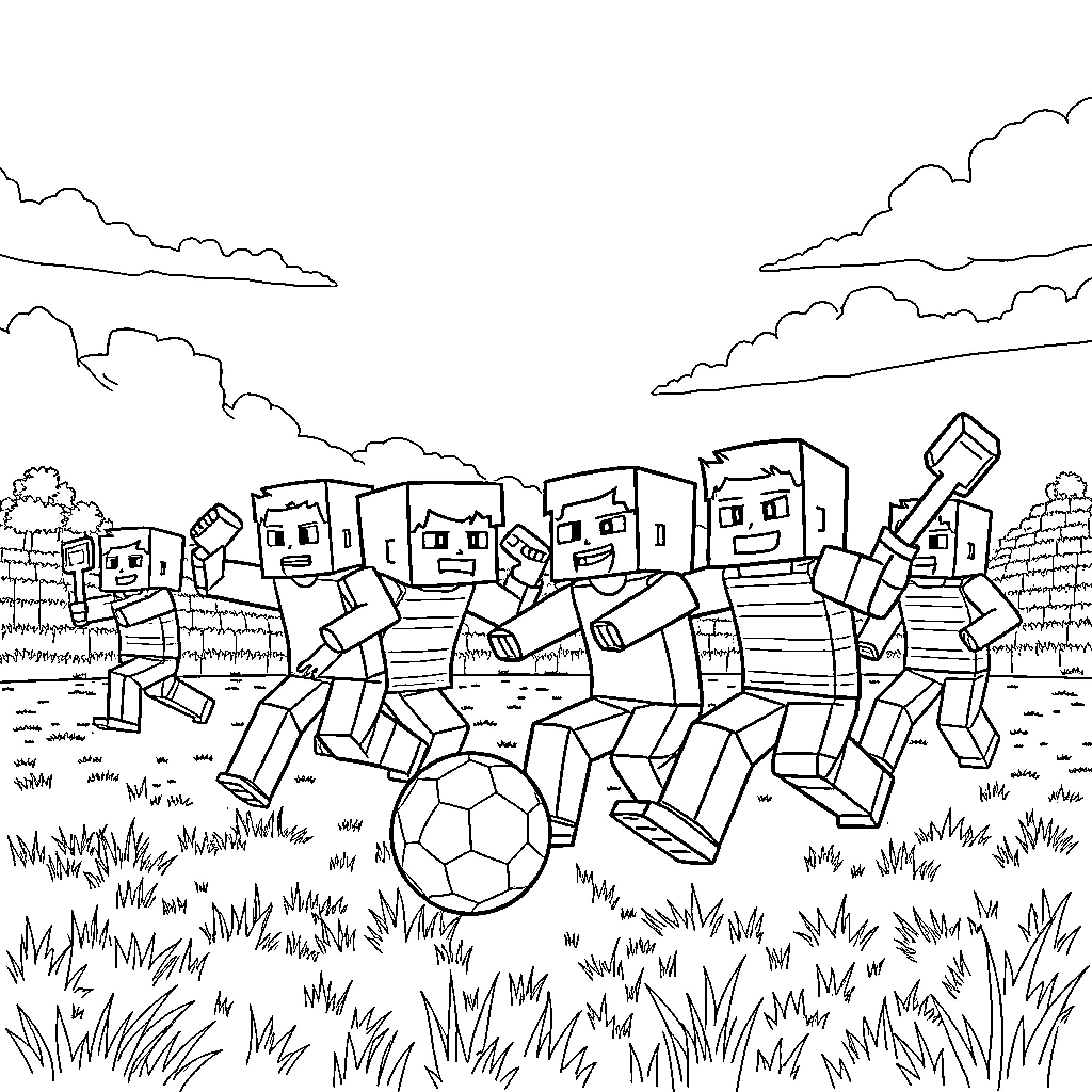 Minecraft characters playing soccer in a field Coloring Page (free black-and-white line drawing printable PDF for all, from beginners to advanced learners, including children, teens, adults, and seniors)