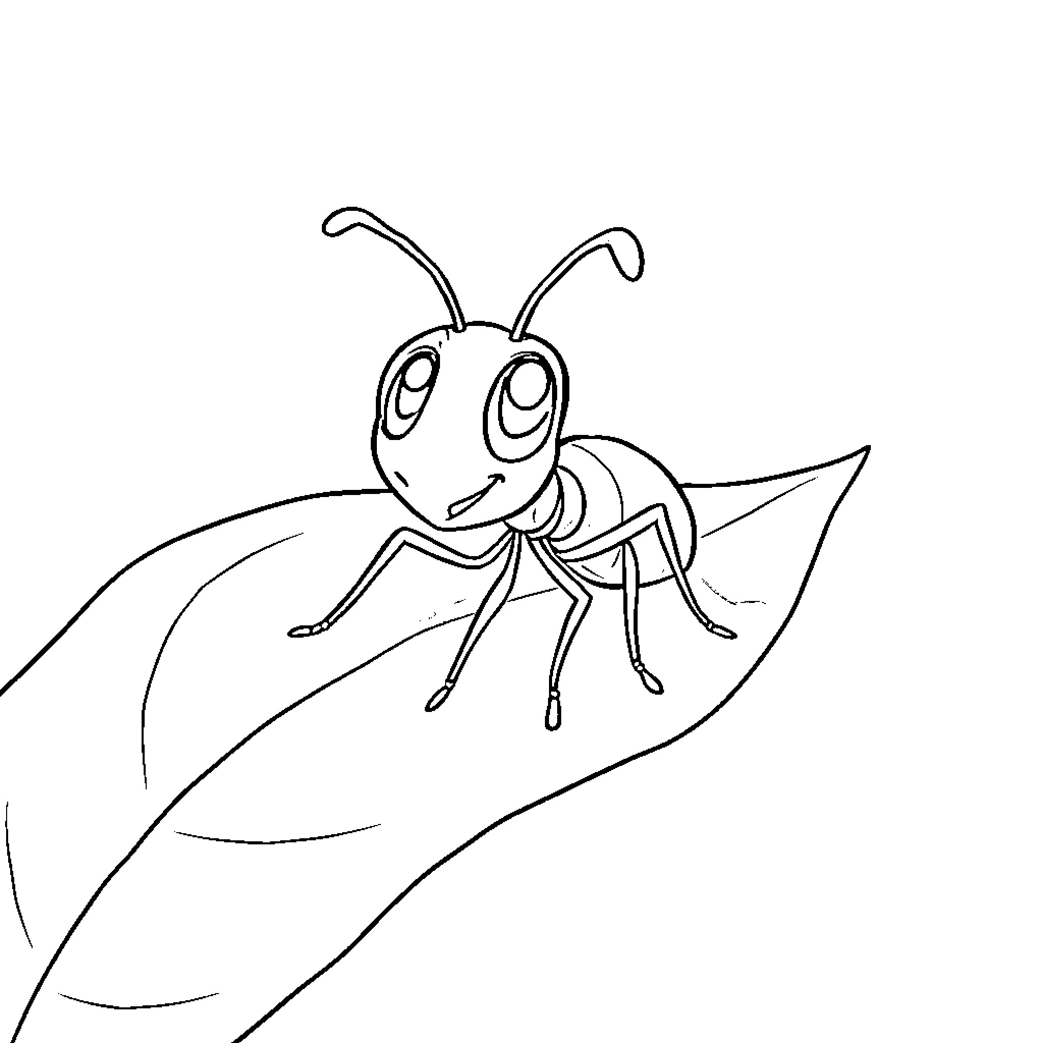Ant exploring a leaf in the garden Coloring Page (free black-and-white line drawing printable PDF for all, from beginners to advanced learners, including children, teens, adults, and seniors)